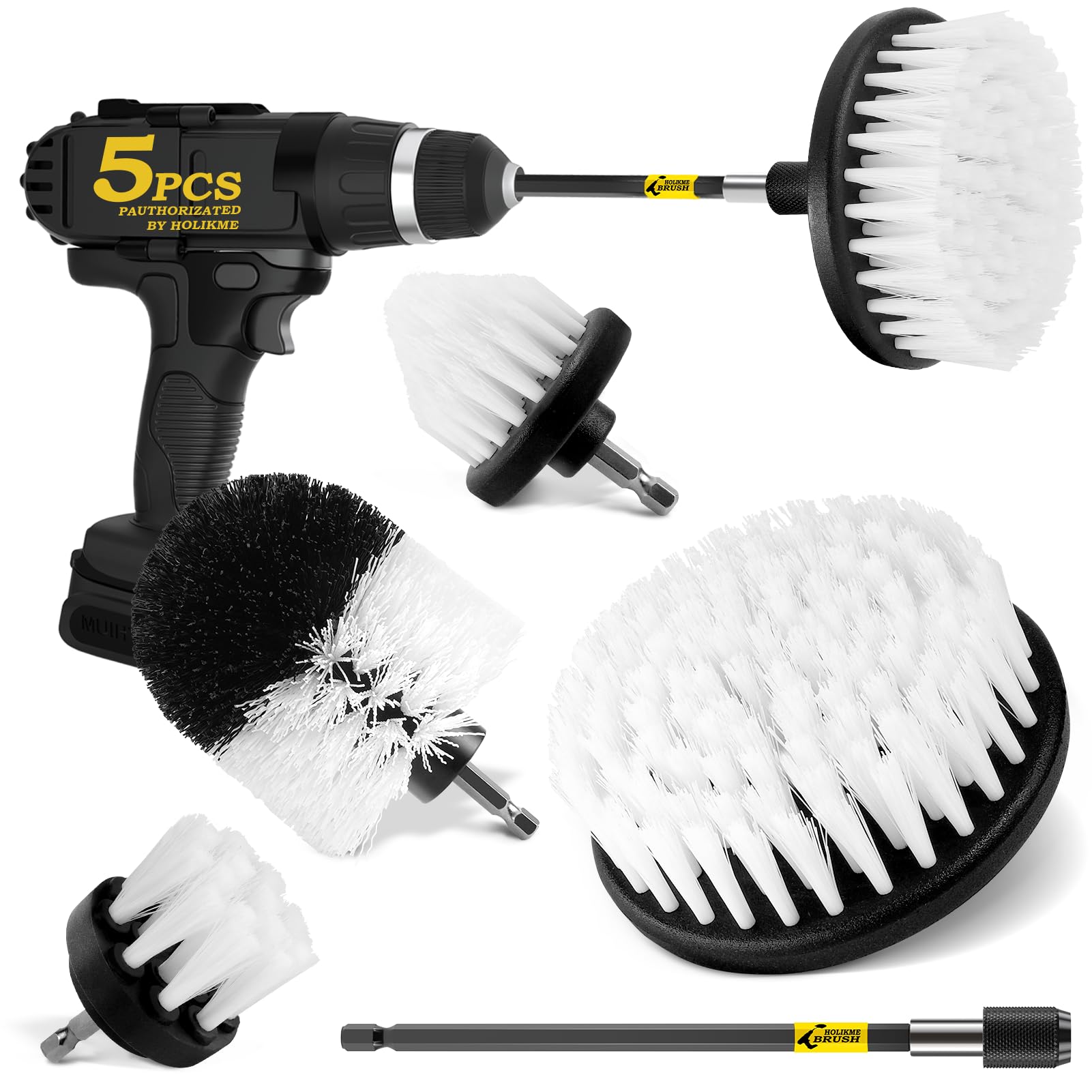 Holikme 5Pack Drill Brush Attachment Set,Power Scrubber Brush Extended Long Attachment For Bathroom Surfaces, Grout, Floors, Bat