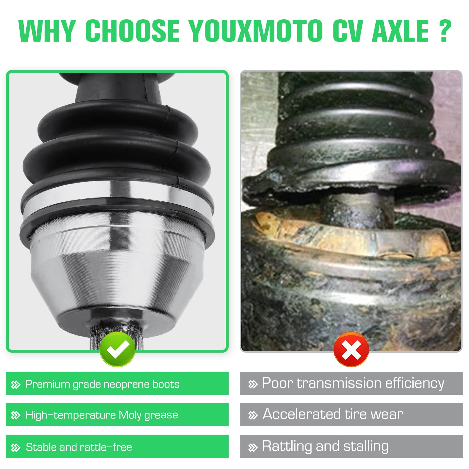 Youxmoto Front Left/Right Cv Axle Fit For Polaris Ranger Midsize 500 570 (Crew Eps)/ Ev/Etx 2015 2016 2017 2018 2019 2020 2021 2022, 4340 Chromoly Steel Drive Half Shaft, For 1333238