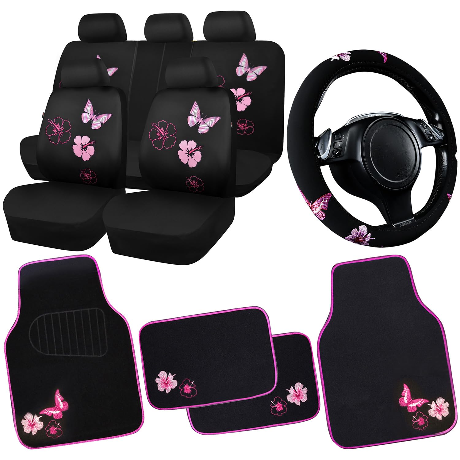 Car Pass Universal Cloth Butterfly Car Seat Covers Full Set, Embroidered Flower Waterproof Car Floor Mats Carpet, Butterflies St