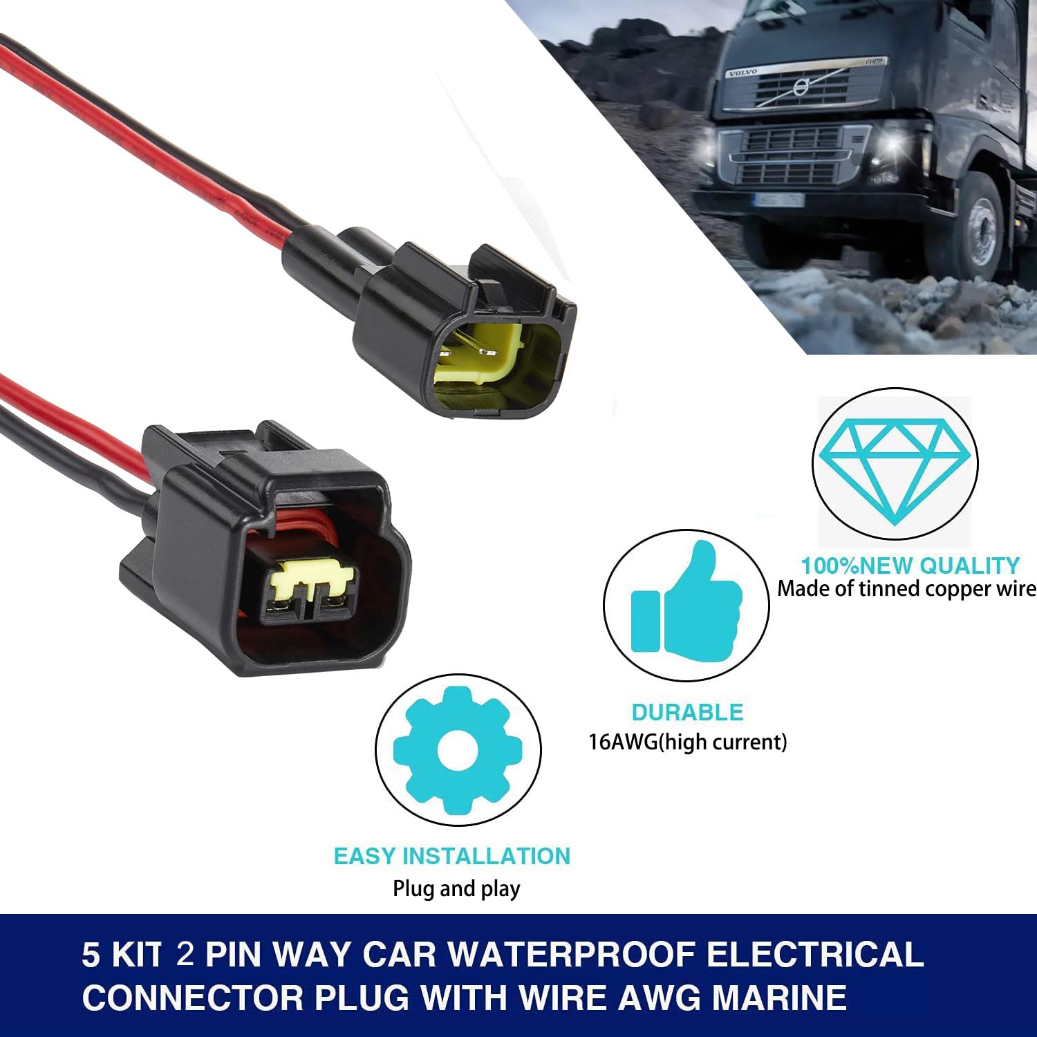 Zhofonet 2 Pin Waterproof Connectors,16Awg Waterproof Electrical Car Auto Wire Connector,Male Female Quick Disconnect For Car Tr