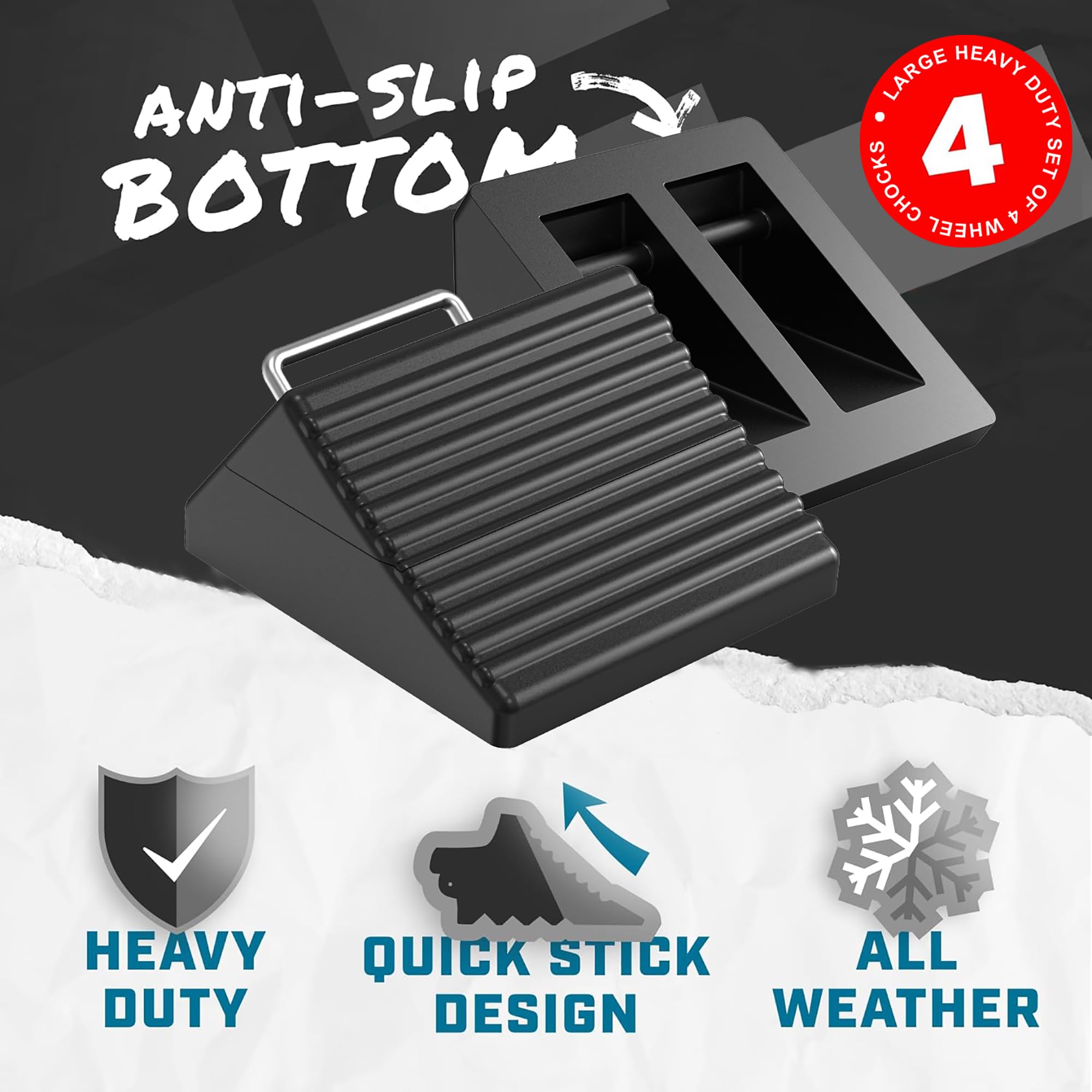 Wheel Chocks for Cars, RVs, Trucks, Trailers, and Vehicles G.V.W. up to 12T, 4 Pack - Anti Slip Bottom Tire Chock for All Weathe