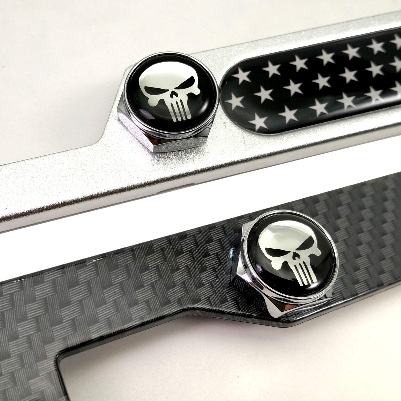 Aootf License Plate Screw Bolt Caps- Logo Billet Metal Car License Plate Bolts Frame Screw Cover With Black Skull Sticker, License Plate Frame Security Fastener Kit With Anti-Rattle Foam Pads