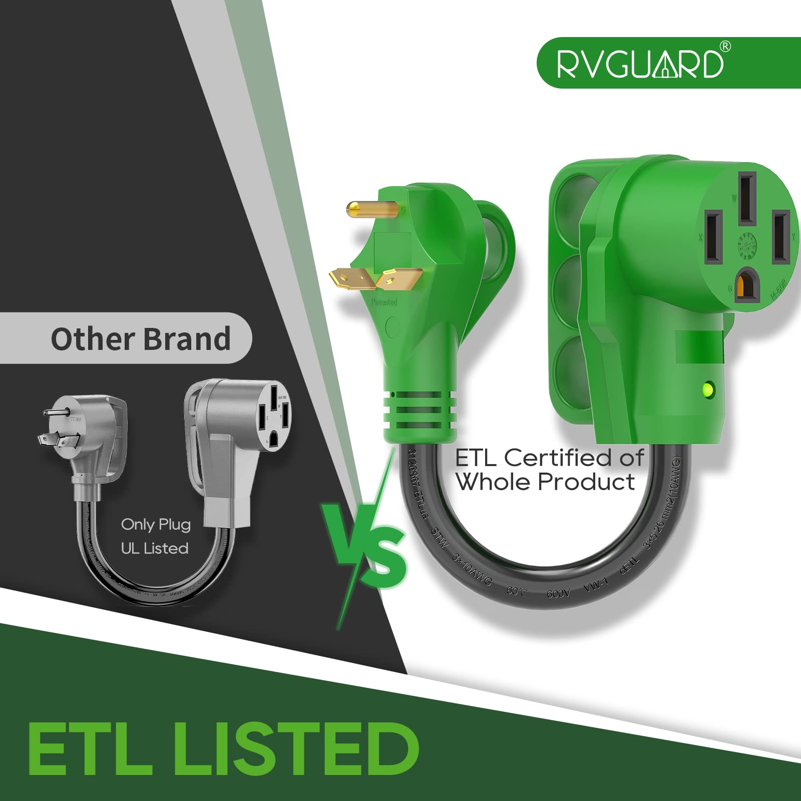 Rvguard 30 Amp To 50 Amp Rv Adapter Cord 12 Inch, Nema Tt-30P To Nema 14-50R, Dogbone Electrical Converter With Led Power Indica