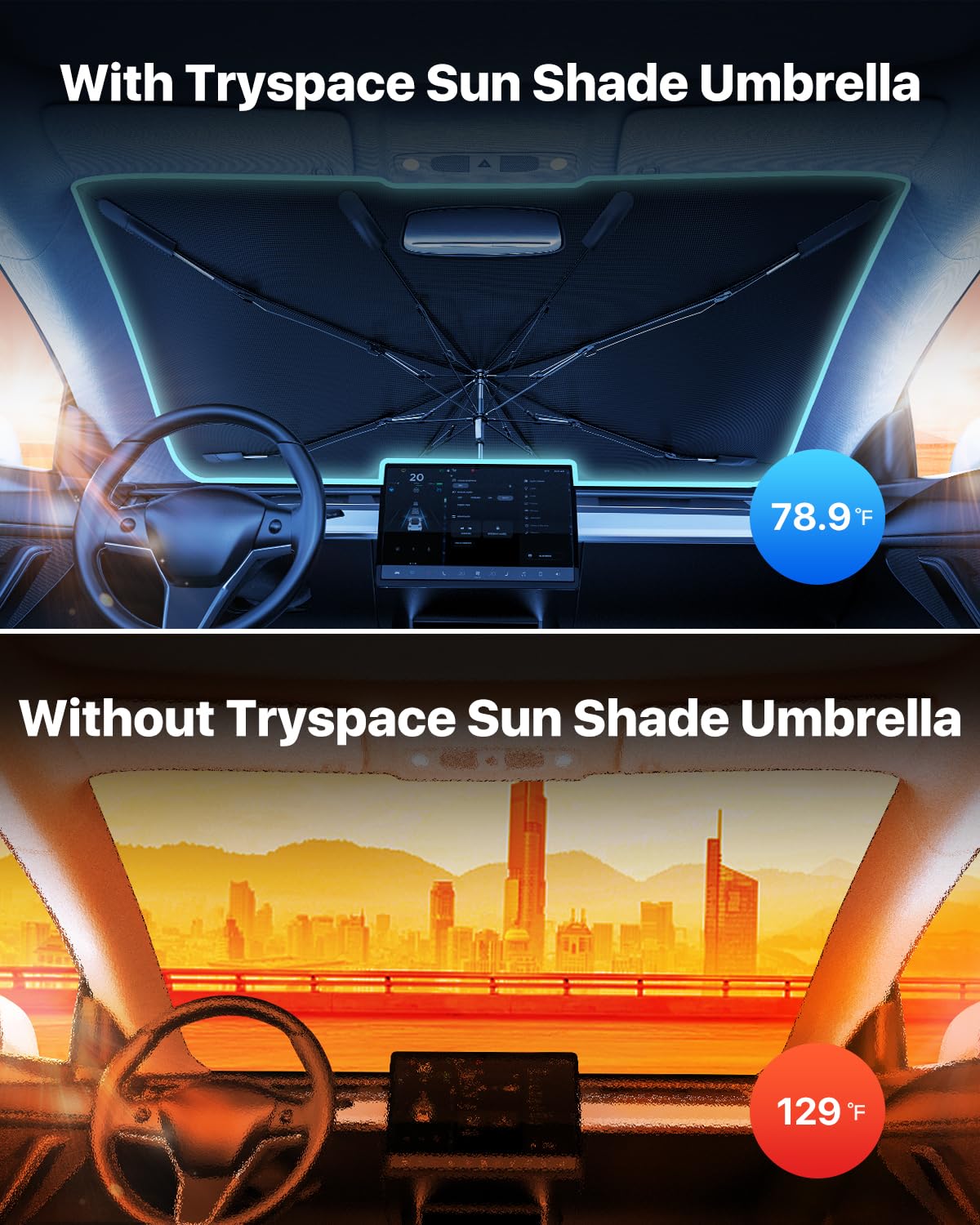 Tryspace Car Windshield Sun Shade Umbrella - [Nano-Ice-Crystal Coatings] Protect Car From Sun Rays & Heat Damage Keep Cool And P