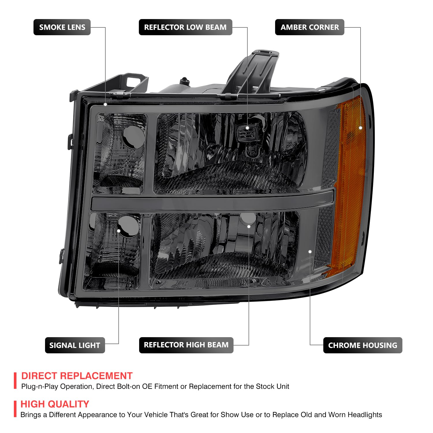 Dna Motoring Pair Oe Style Headlights Compatible With 07-13 Gmc Sierra 1500/07-14 Sierra 2500 Hd 3500 Hd, Chrome Housing/Smoked