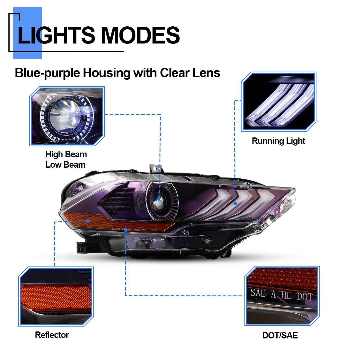 Roxx Headlights Compatible With 2018 2019 2020 2021 2022 2023 Ford Mustang, Projector Front Lamp Assembly W/Drl High Low Beam Reflector Passenger Driver Pair