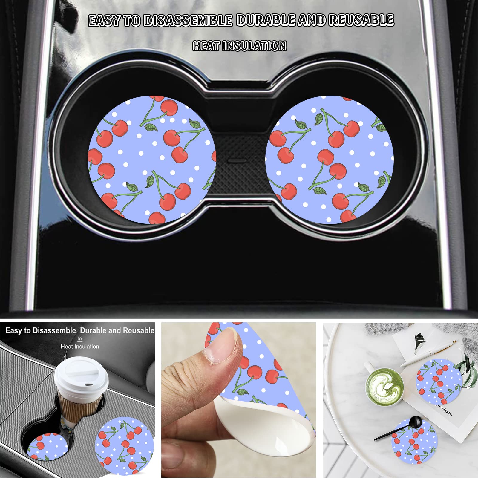 Purple Cherry Steering Wheel Cover for Women Men with 2 Pcs Car Coasters, Universal 14.5-15 Inch Rainbow Steering Wheel Covers N