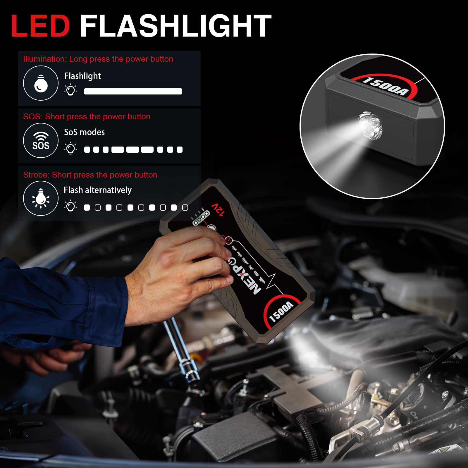 NEXPOW Car Jump Starter 1500A Peak, 12800mAh Battery Booster for 7.0L Gas & 5.5L Diesel Engines, USB QC3.0