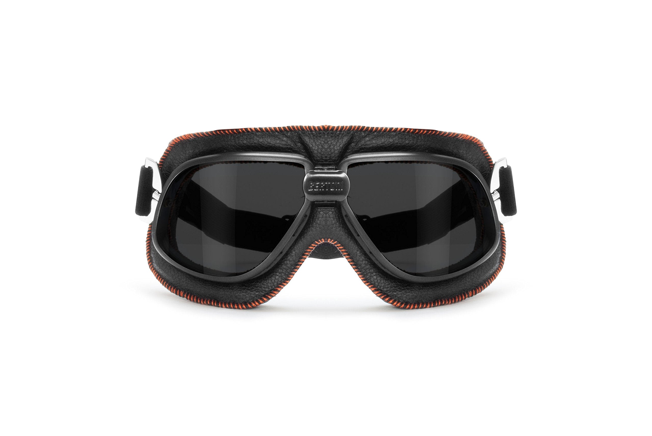 Bertoni Vintage Motorcycle Goggles Dark Lenses Black Leather W Orange Stitching Italy Af196A Motorbike Aviator Goggles