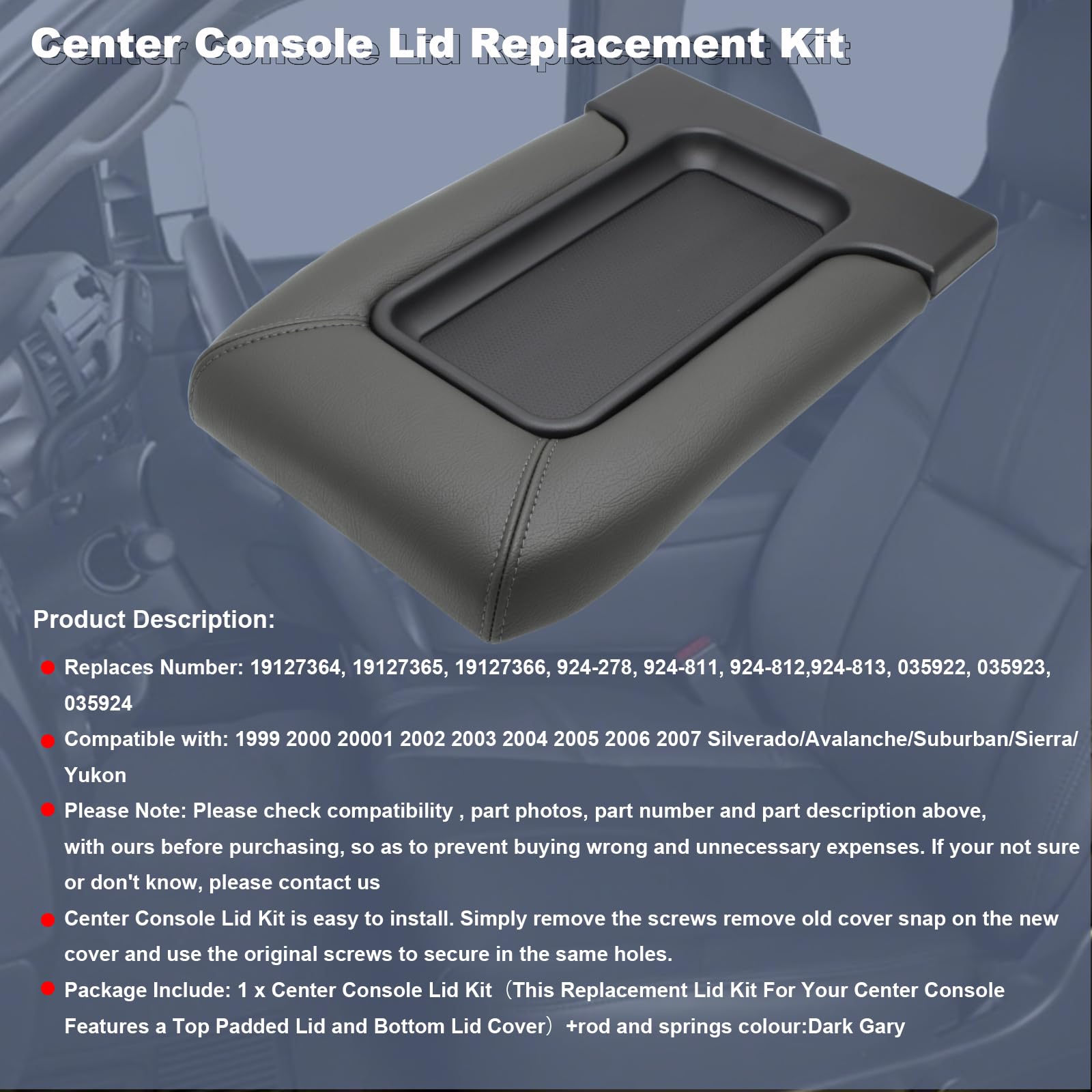 NHILES Center Console Lid Replacement Kit for 1999 2000 2001 2002 2003 2004 2005 2006 2007 Silverado/Avalanche/Suburban/Sierra/Y