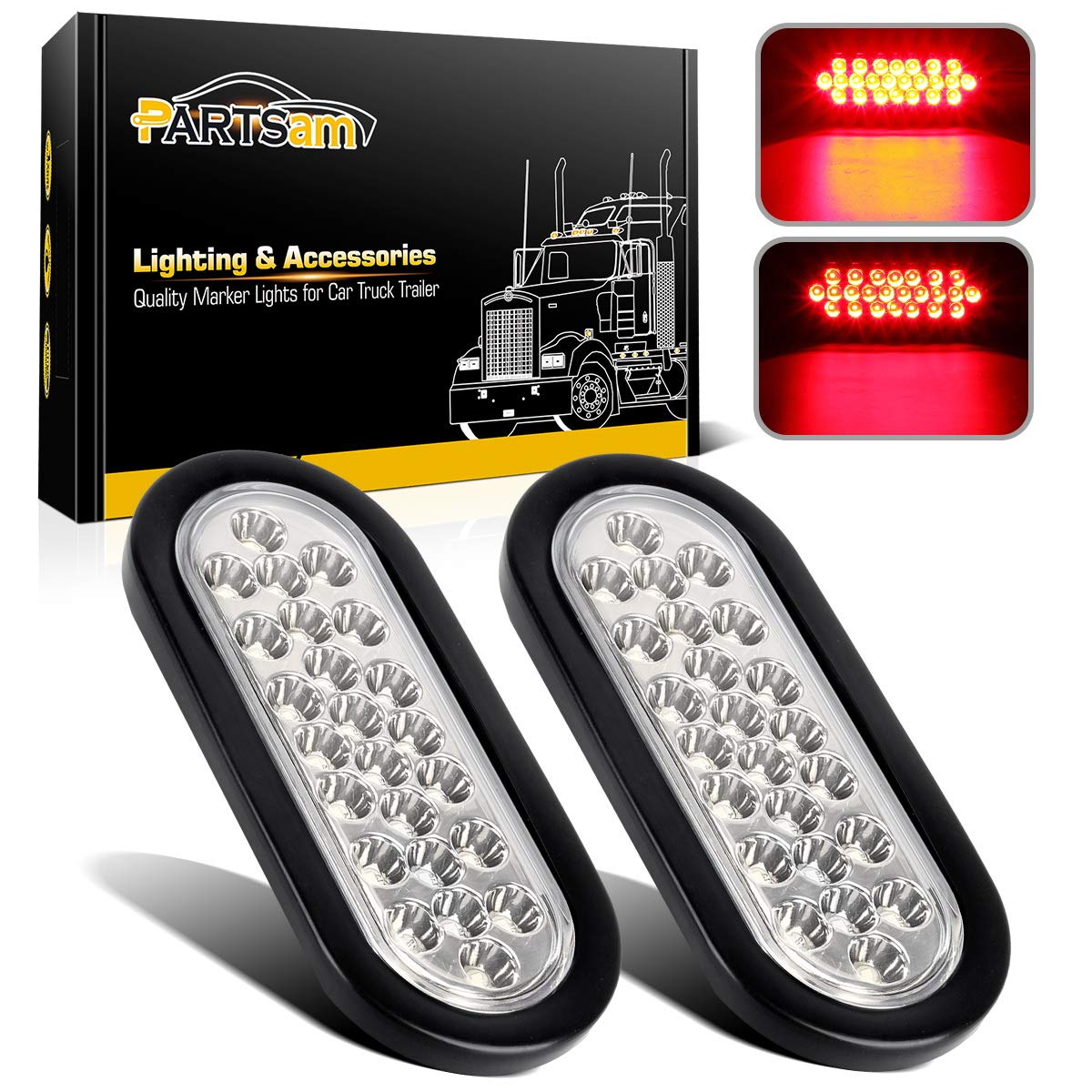 Partsam 2X Oval Brake Stop Tail Turn Sealed Marker Lights Flush Mount 6.3'' Inch 24 Led Truck Trailer Boat Utility Clear Lens Re