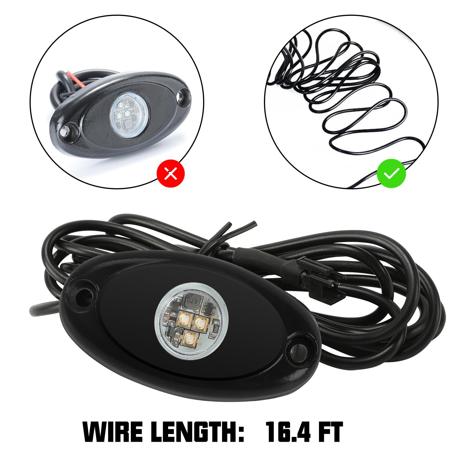 Sunpie 8 Pods Quick Connect White Rock Lights, 4M Extension Wires Each Light, 3 High Power Chips, 6000K Pure White, Rubber Mount