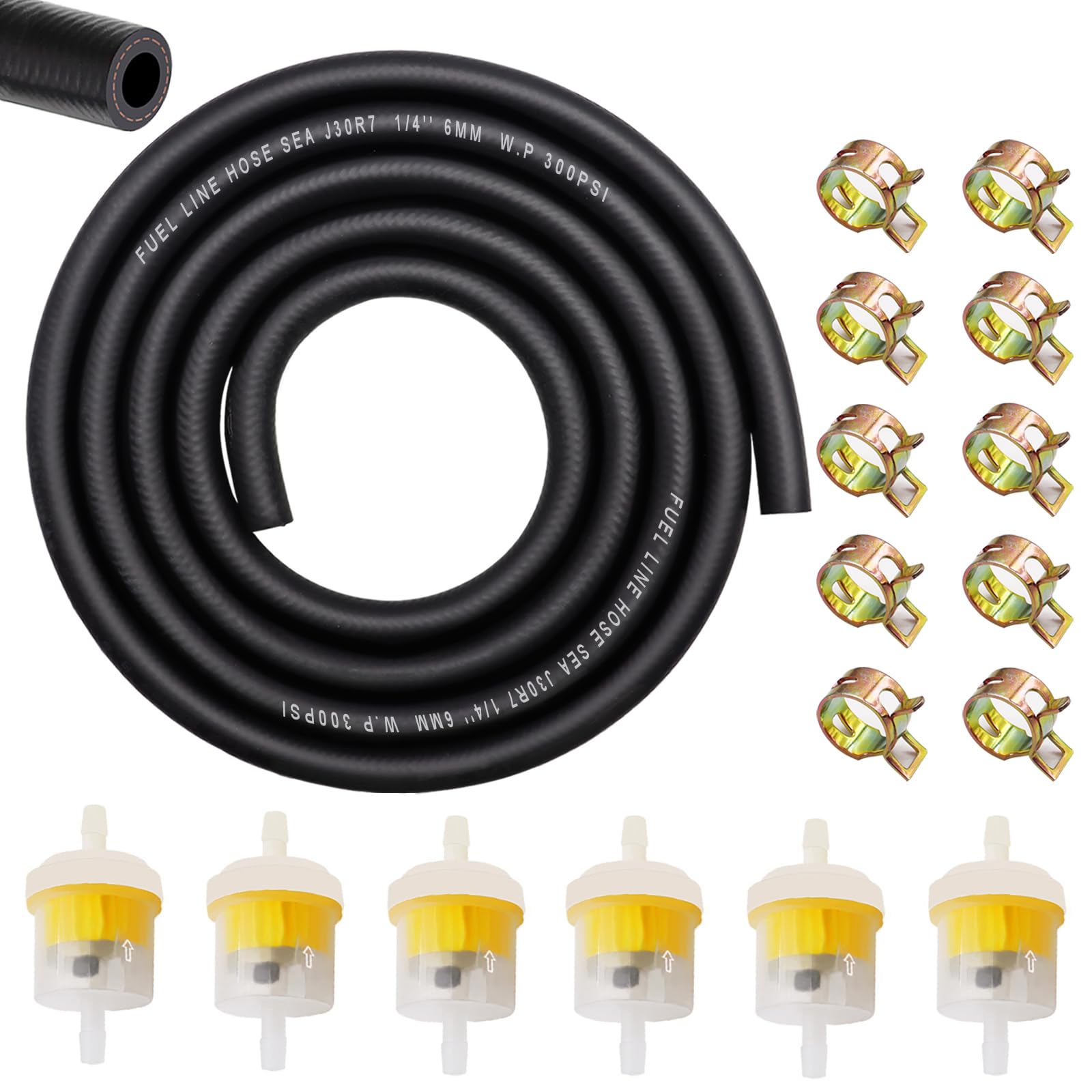 Taiss Id Fuel Line Kit, 1/4'(6Mm), 10-Foot (3M) Fuel Line Hose + 10Pcs 2/5' (11Mm) Id Hose Clamps+ 6Pcs Inline Fuel Filters .Suitable For Small Engines: Tractors, Mowing Machine, Snow Machine, Etc.