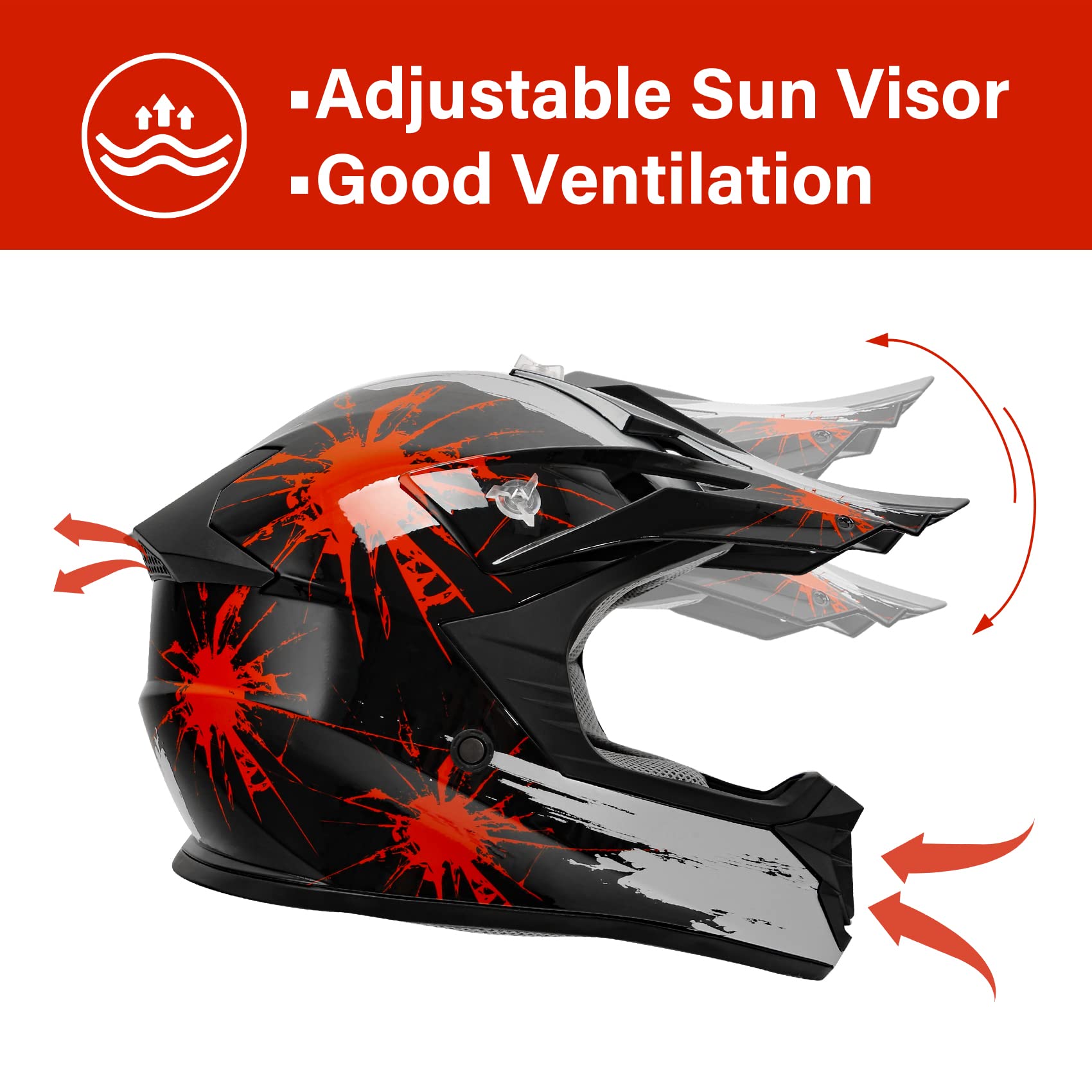 Xfmt Dot Youth Kids Motocross Offroad Street Dirt Bike Helmet Goggles Gloves Atv Mx Helmet, Black Red Firework