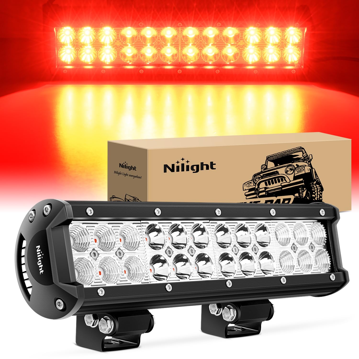 Nilight Led Light Bar 12 Inch 72W Spot Flood Combo Red Beam Off Road Lights Fishing Hunting Emergency Deck Boat Work Lighting Fo