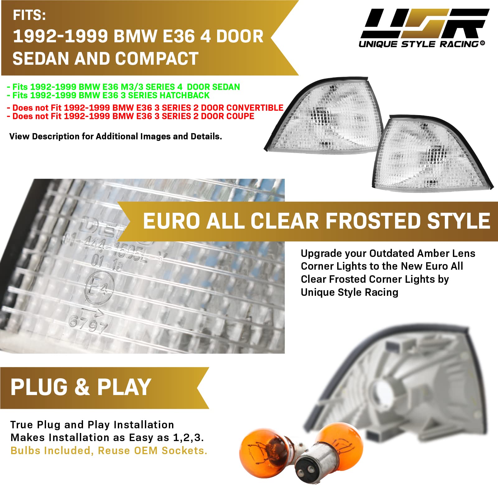 Depo E36 4D Corner Lights - Euro Cornering Turn Signal Lamps Set (Left + Right) Compatible With 1992-1998 Bmw E36 4 Doors Sedan Including M3 (Clear With 2 Amber Bulbs)