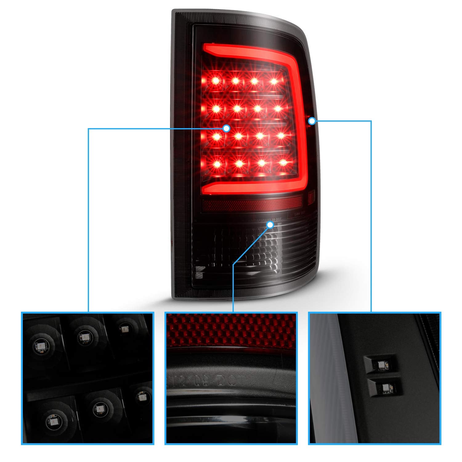 AmeriLite C-Type LED Tube Tail Light Assembly Pair for 2009-2022 Dodge Ram 1500/2500/3500 - Black Smoke - Driver & Passenger Side