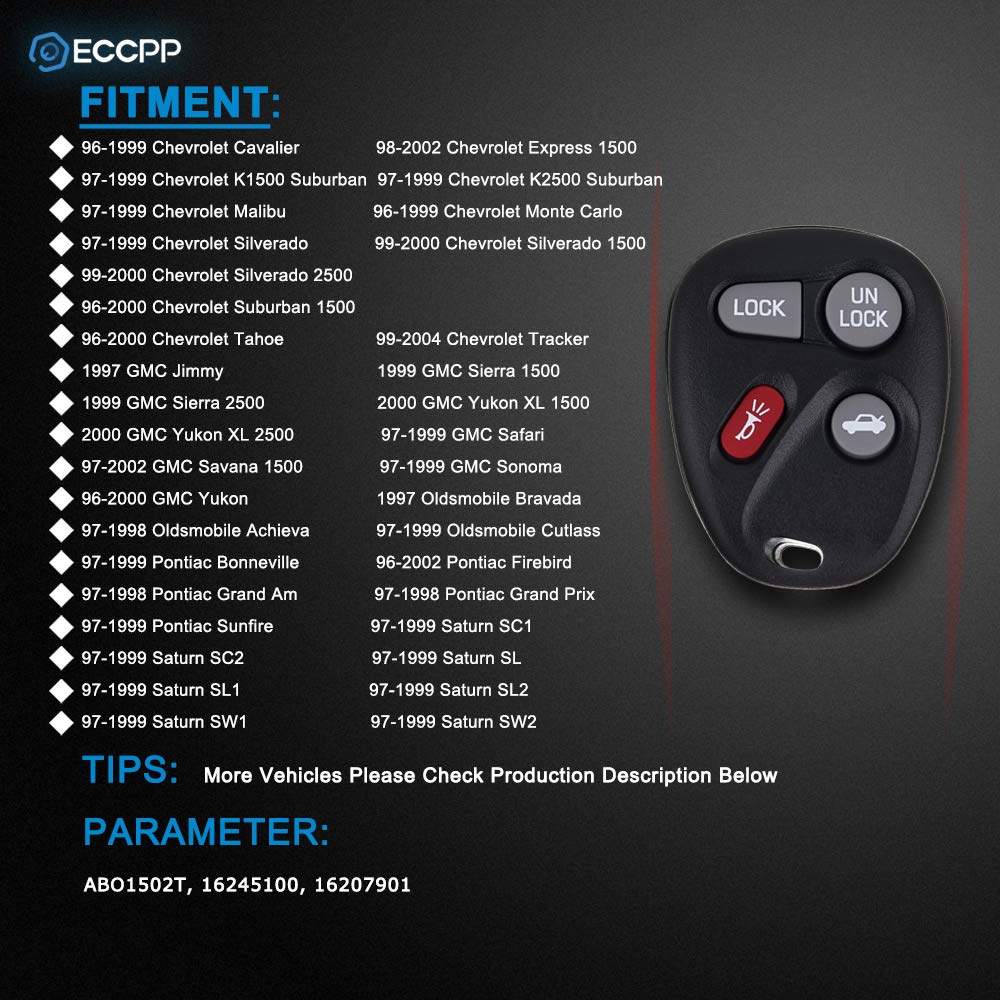 Eccpp Replacement Fit For Keyless Entry Remote Key Fob For Buick For Gmc For Pontiac For Saturn For Oldsmobile For Cadillac Escalade Series Abo1502T (Pack Of 2)