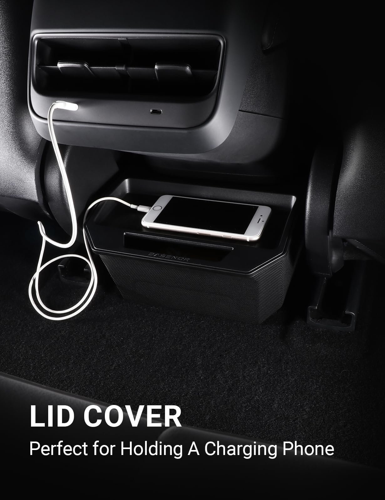 Basenor 2025 Upgrated Model 3 Trash Can, Rear Center Console Organizer Tray, Backseat Storage Box With Lid Cover For 2017-2023 M