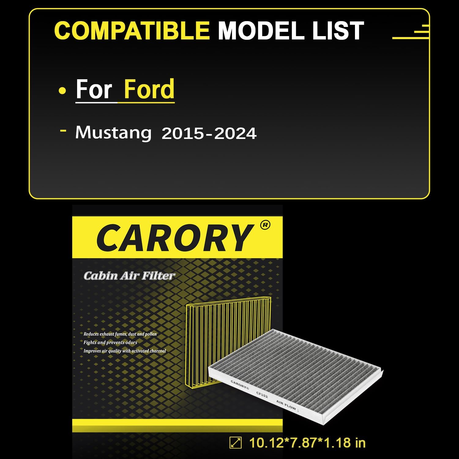 CARORY Cabin Air Filter w/Activated Carbon for Ford Mustang 2015 2016 2017 2018 2019 220 2021 2022 2023 2024, FR3Z-19N619-A, CF1
