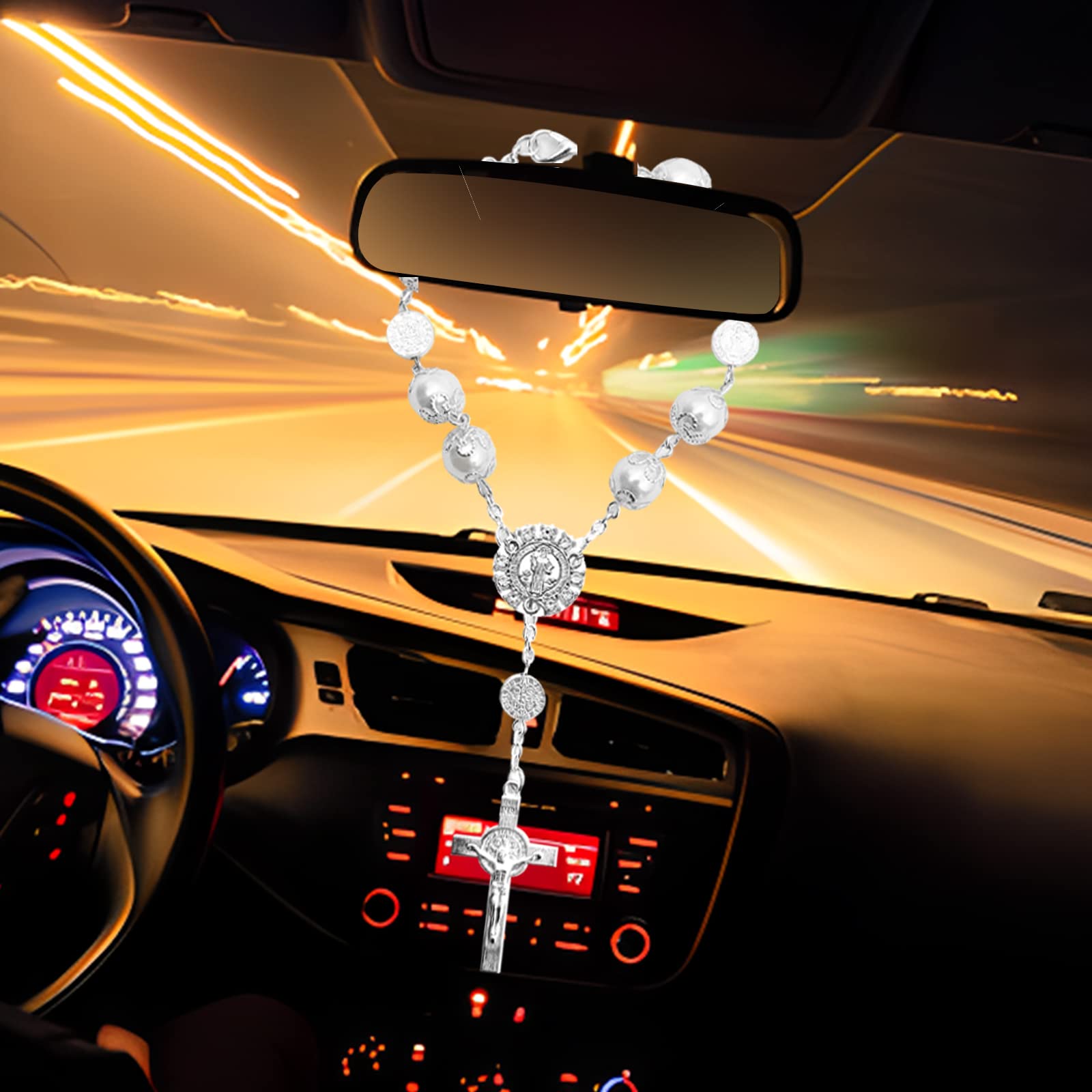 2 Pieces Car Mirror Hanging Accessories,Car Rosary with Cross Blessing Rosary, Beads Catholic for Woman Men Personalized Rearvie
