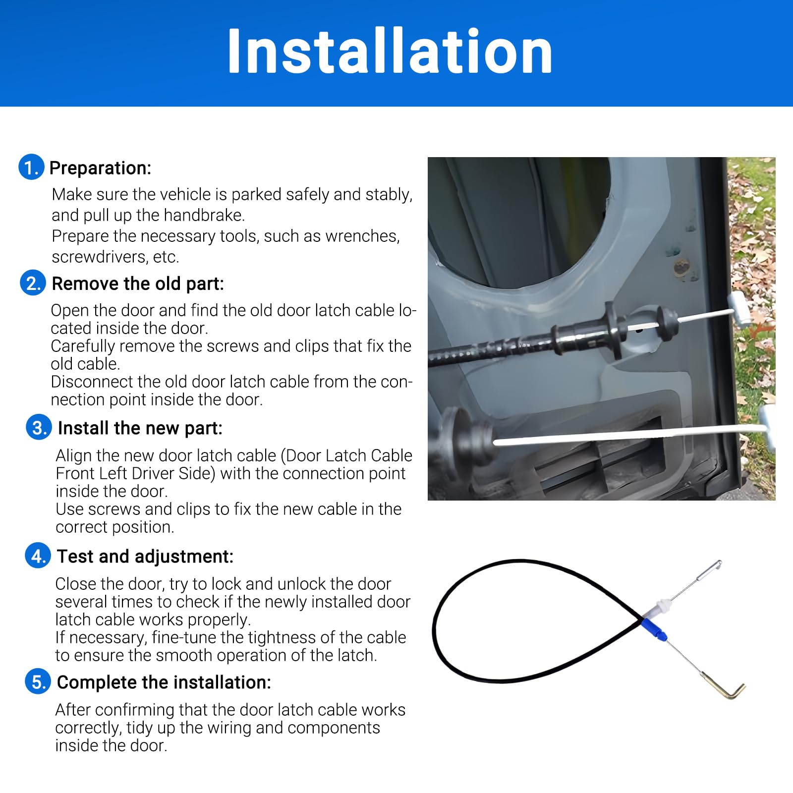 Door Latch Cable Front Left Driver Side Fits For 2011-2018 Dodge Ram 1500 2500 3500 Replaces 912-610 05165721Aa