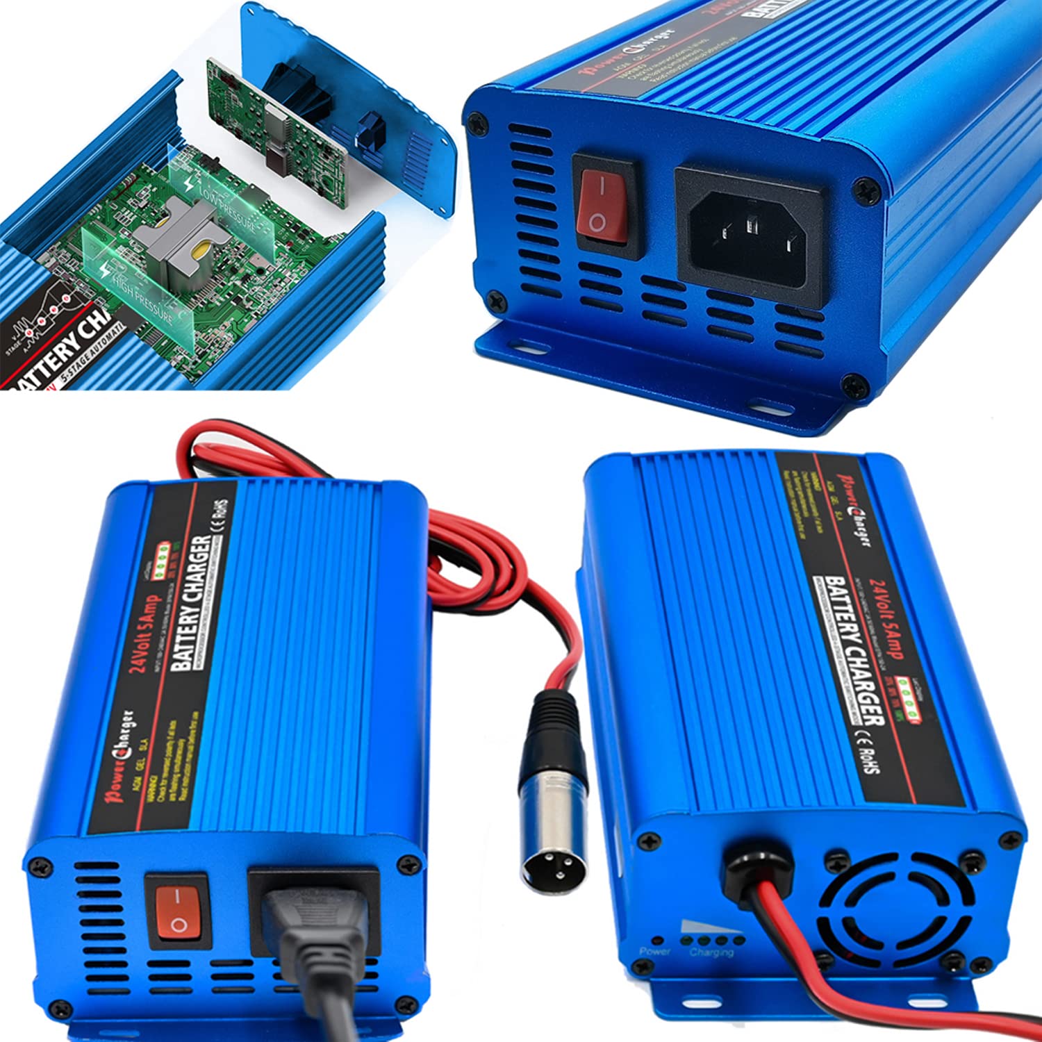 Unocho 24V Battery Charger Automatic Smart Charger 5A Trickle Charger And I/O Switch 3 Pin Xlr Connector Suitable For Charging Agm Gel Lead-Acid Batteries For Cars Wheelchairs Boats