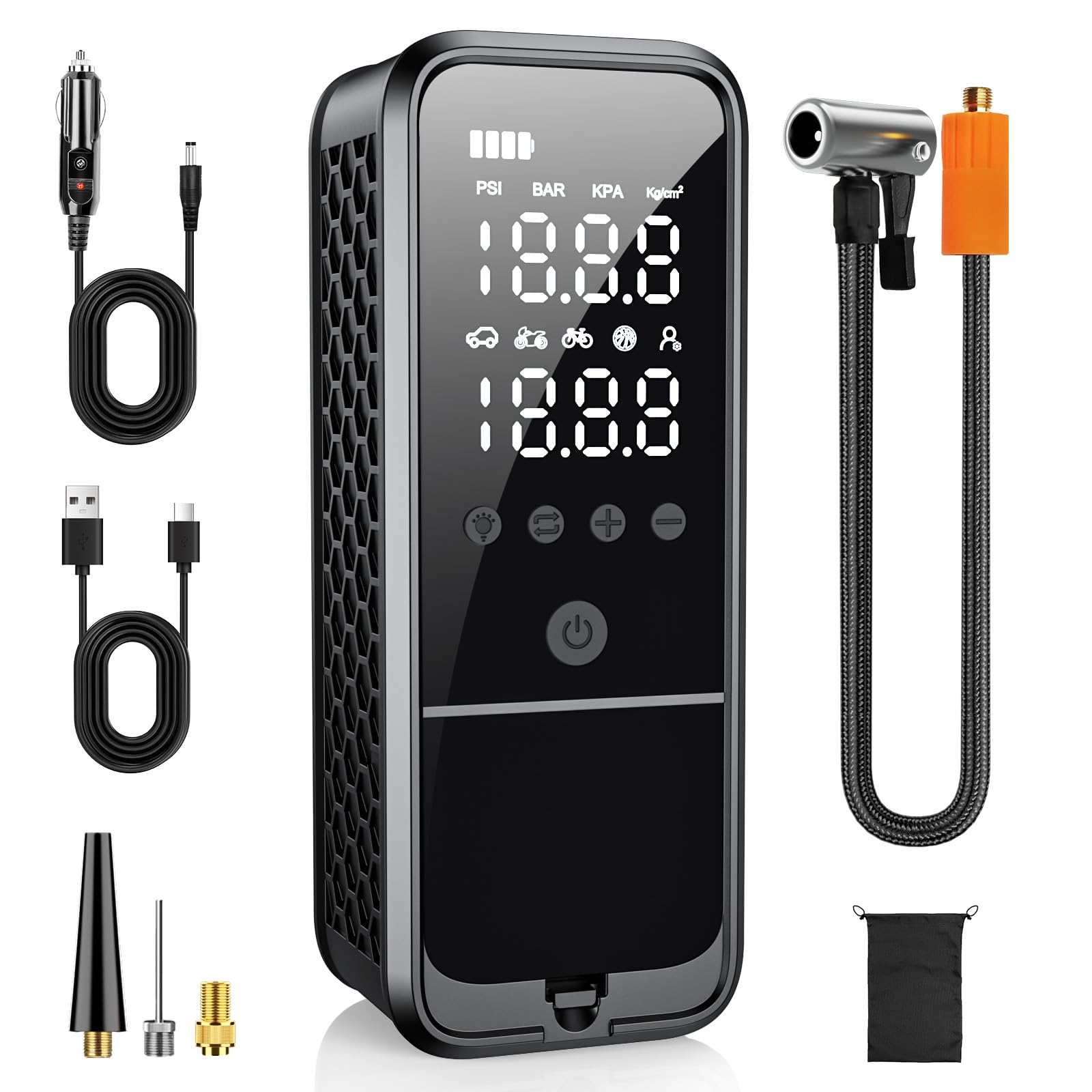 Kzkb Tire Inflator Portable Air Compressor, 160 Psi Air Pump For Car Tires With Digital Pressure Gauge, Electric Bike Pump With