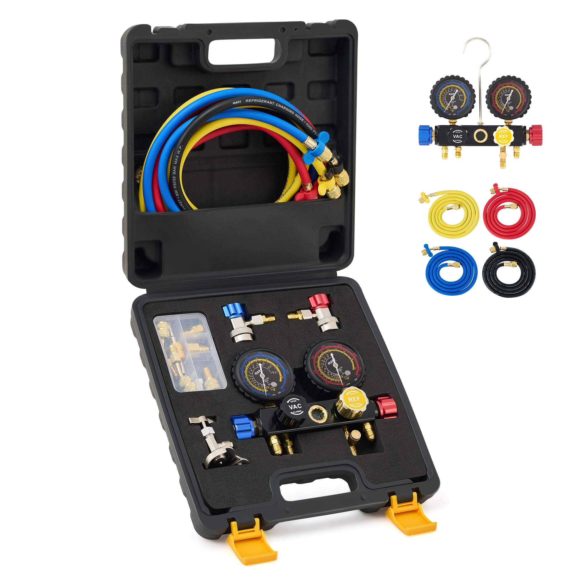 Orion Motor Tech 4 Way AC Gauge Set for R410a R22 R134a Refrigerant, 4 Valve Automotive AC Manifold with 5ft Hoses, R410a Adapte