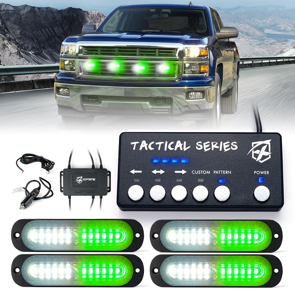 Xprite White Green Led Surface Mount Strobe Lights Kit, W/Control Panel Emergency Safety Warning Flashing Grille Cop Marker Ligh