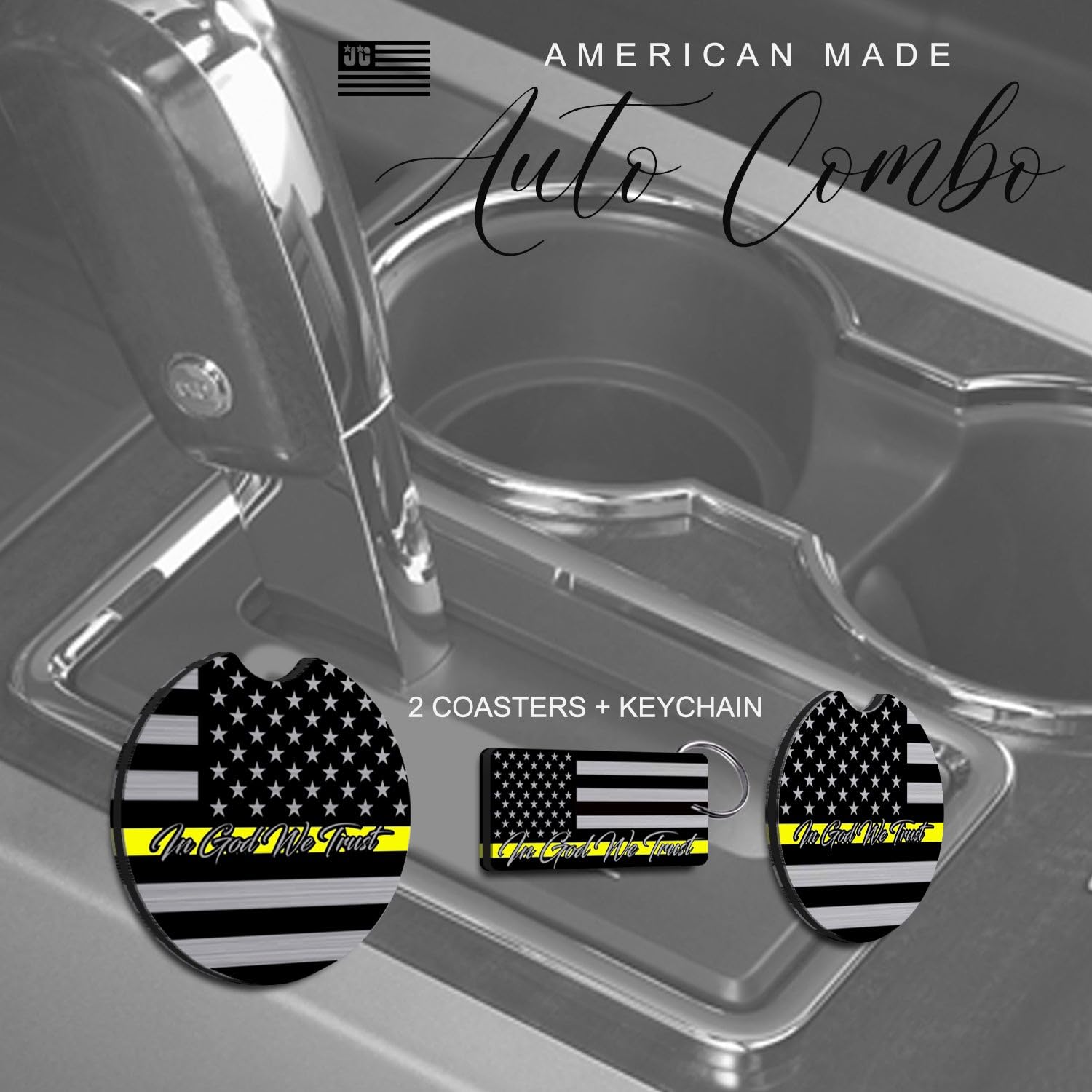 American Flag In God We Trust License Plate Frame + Silver Line Coasters + Keychain - Perfect For God And Country Lovers - Tacti