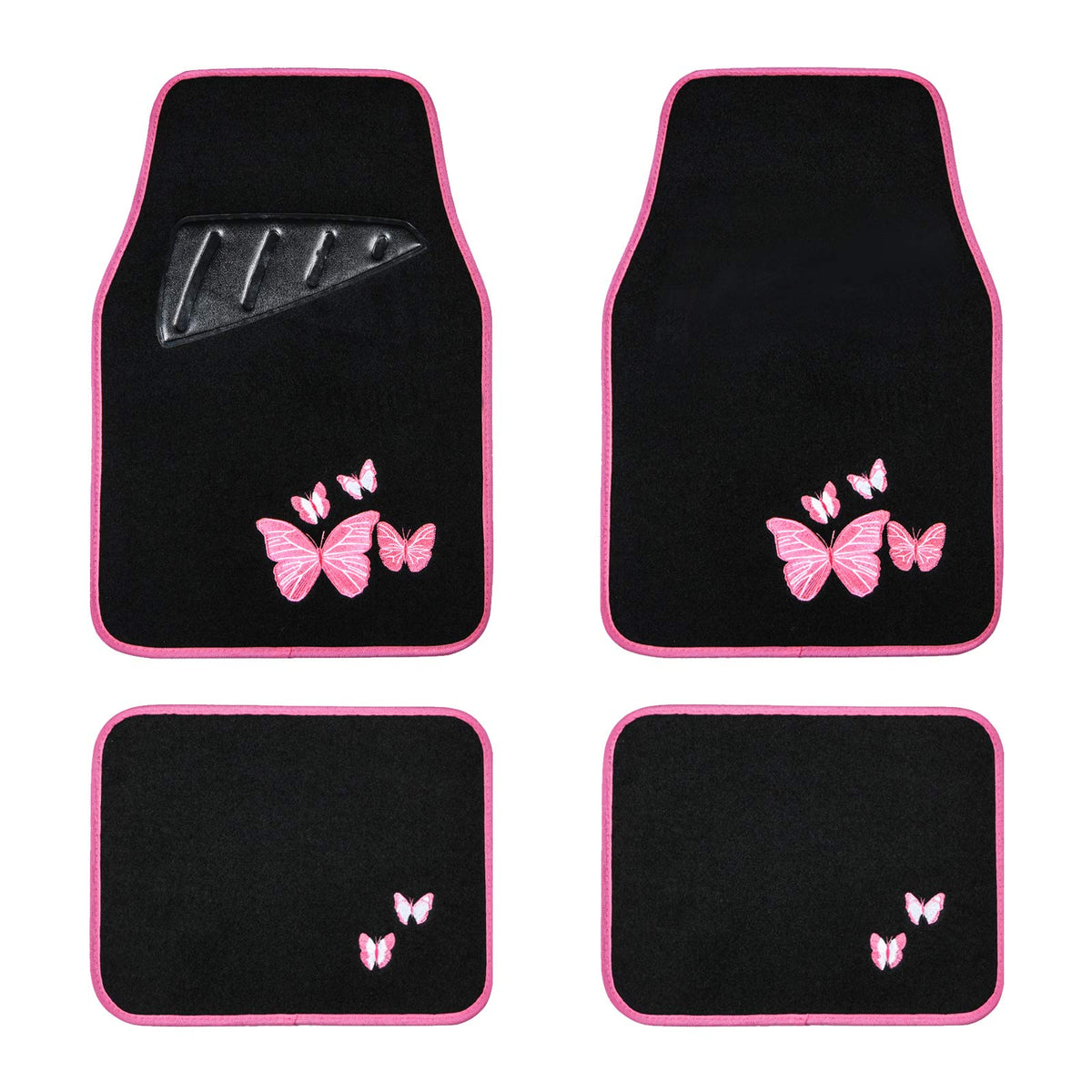 August Auto Universal Fit Butterfly Carpet Car Floor Mats With Heel Pad Fit For Sedan, Suvs, Truck, Vans Set Of 4 (Black And Pin