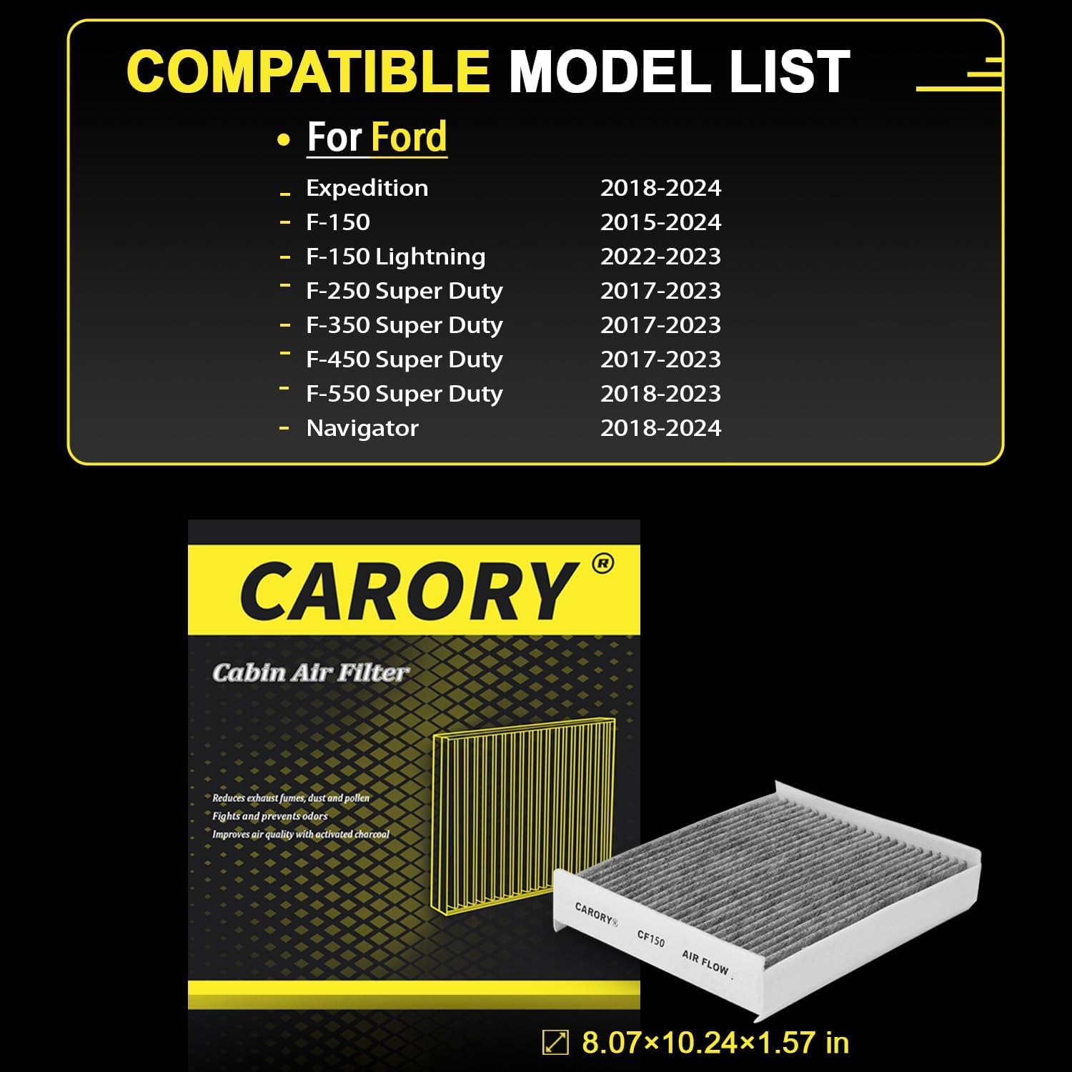 CARORY Cabin Air Filter w/Activated Carbon for Ford F-150 2015-2024, Expedition 2018-2024, F-150 Lightning 2022-2023, Super Duty