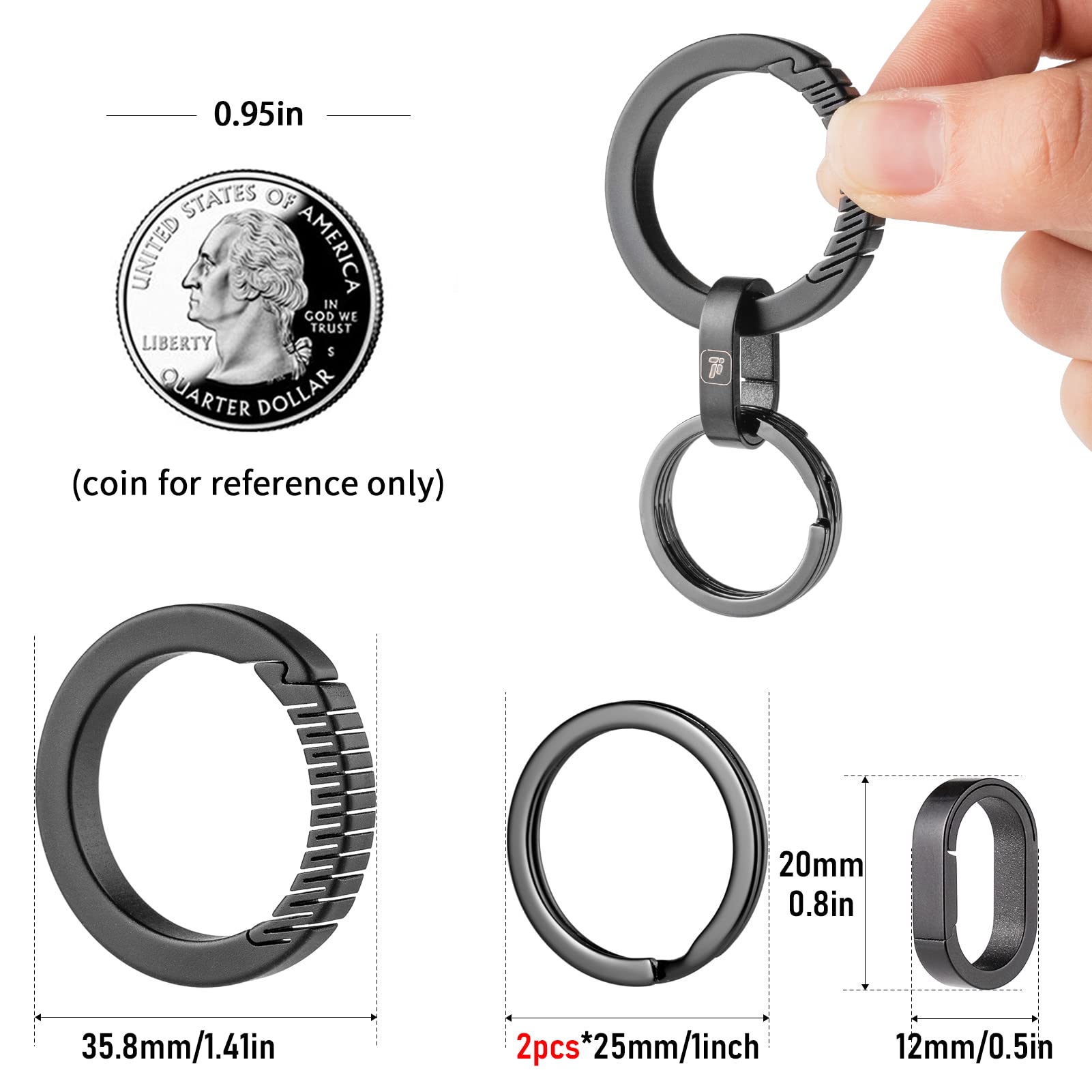 Fegve Key Keychain Carabiner Clip With Titanium Mini Quick Release Connecting Key Chain Rings And 2Pcs 25Mm/1 Inch Stainless Steel Key Ring -(Black)