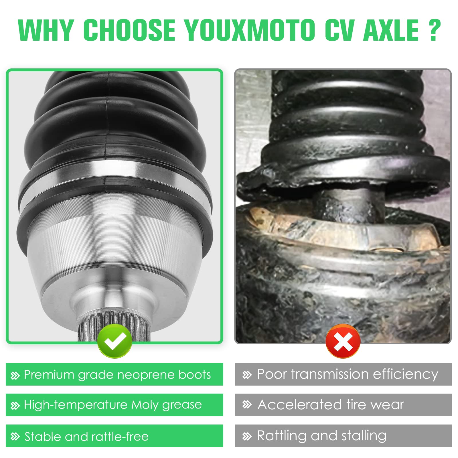 Youxmoto Front Left/Right Cv Axle & Wheel Bearing Kit Fit For Polaris Ranger 500 700 800 4X4 Efi 2009 2010 2011 2012 2013 2014 2015 2016, 4340 Chromoly Steel Drive Shaft Cv Axles, For 1332606, 1332856