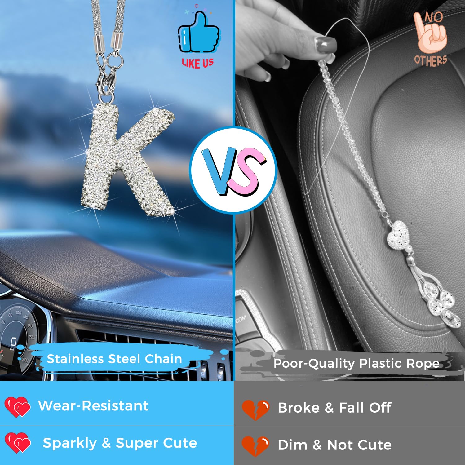 Bling Car Letter Charm, Rear View Mirror Ornament Cute Hanging Crystal Pendant Bling Car Accessories, Lucky Diamond Rhinestone W