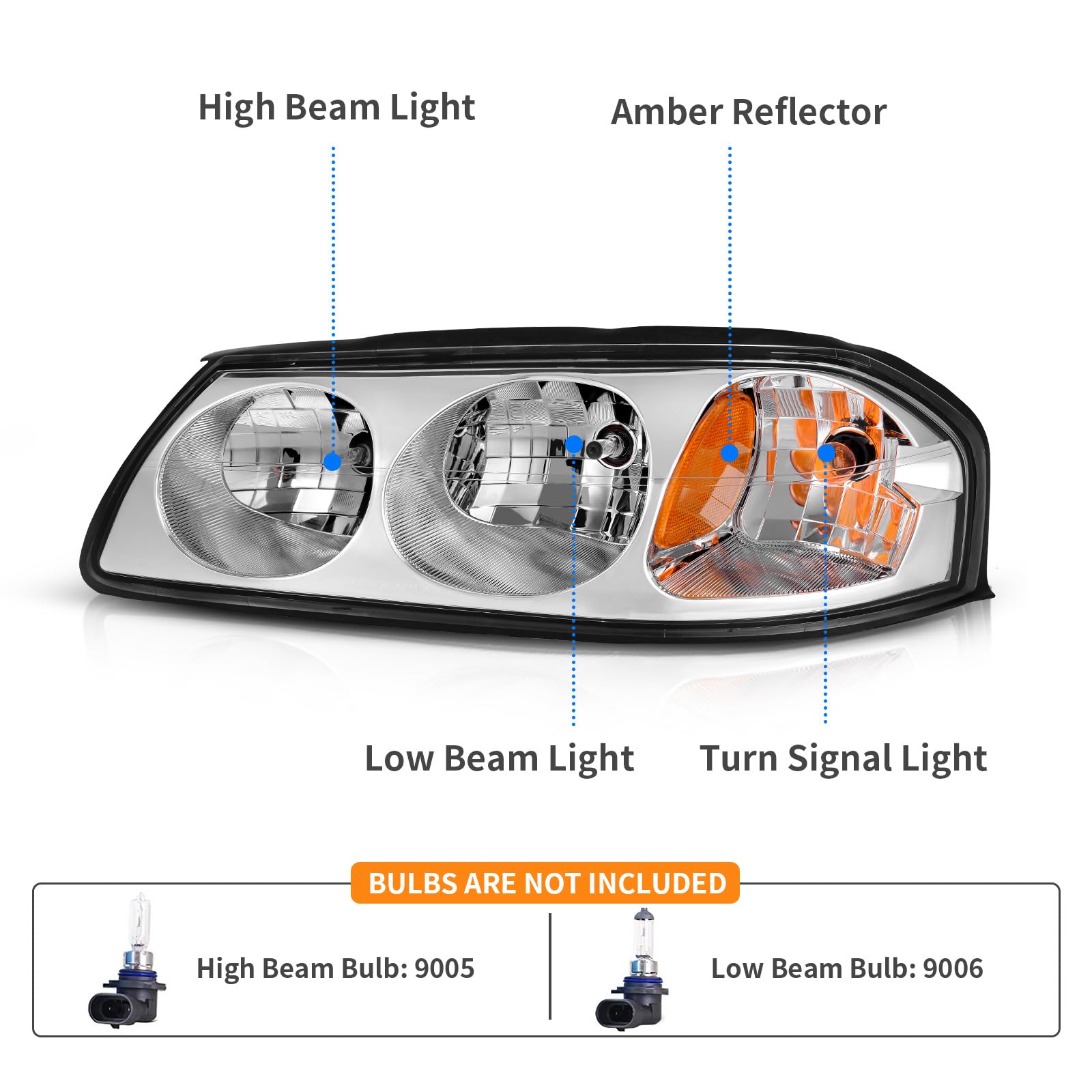 Dwvo Headlight Assembly Compatible With 2000-2005 Chevy Impala Chrome Housing Amber Reflector