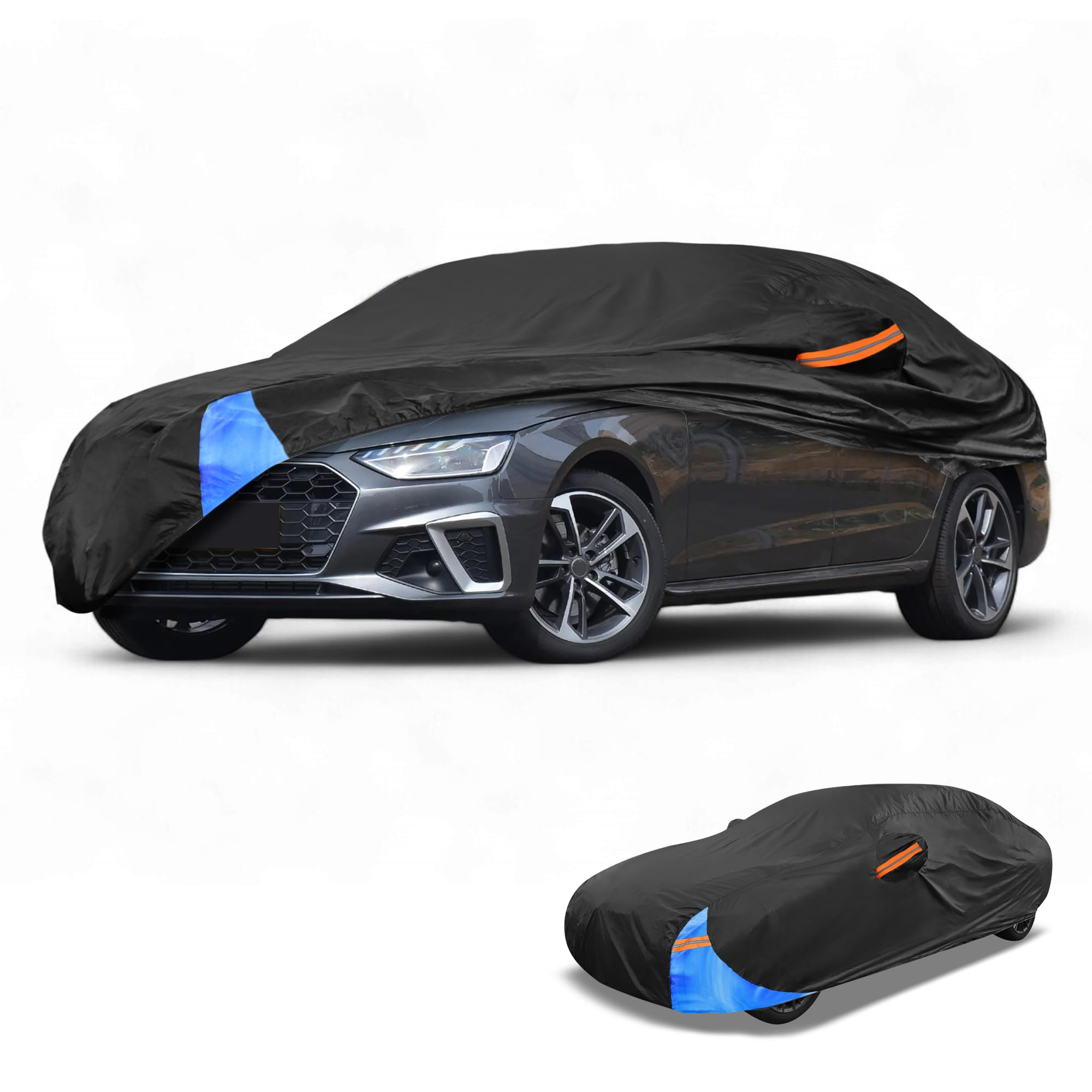 Partuto Waterproof All-Weather Universal Car Cover with Right Side Zipper, 210D-PU Black Blue Fits for Sedan 177'' to 185'' Leng