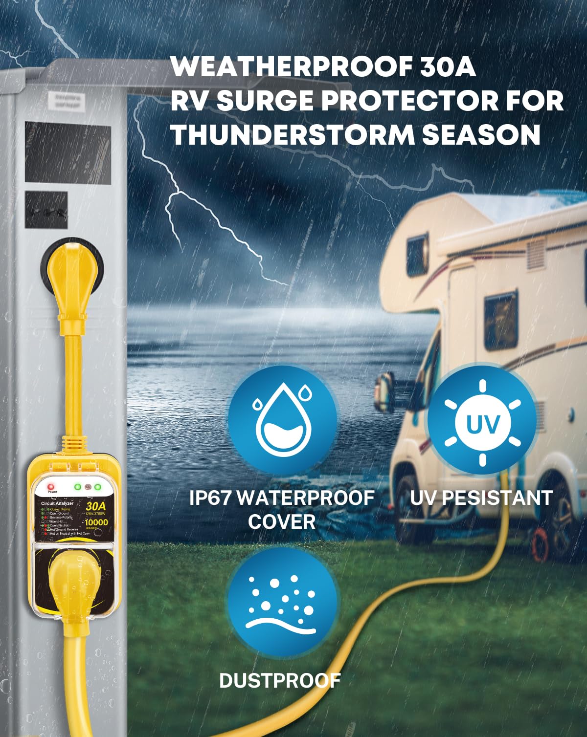 Kohree Rv Surge Protector 30 Amp With Waterproof Cover, 10000 Joules 30 Amp Rv Surge Protector For Rv Camper, All-In-1 Circuit A