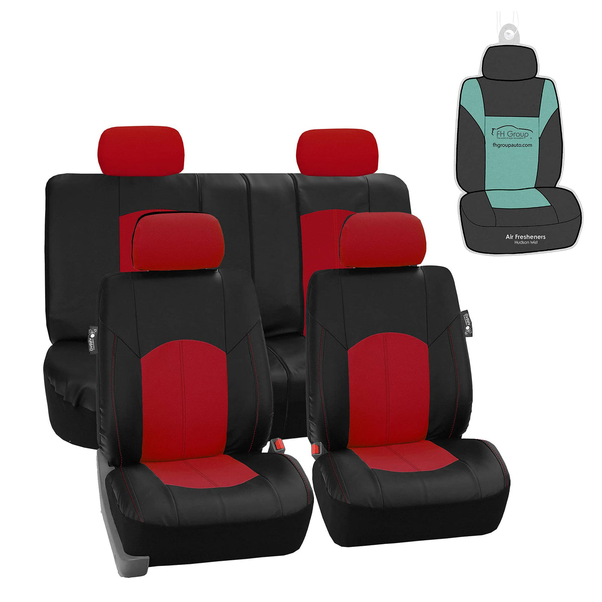 FH Group Automotive Seat Cover Highest Grade Faux Leather Red Black Full Set, Combo Car Seat Cover Design Airbag Compatible Spli
