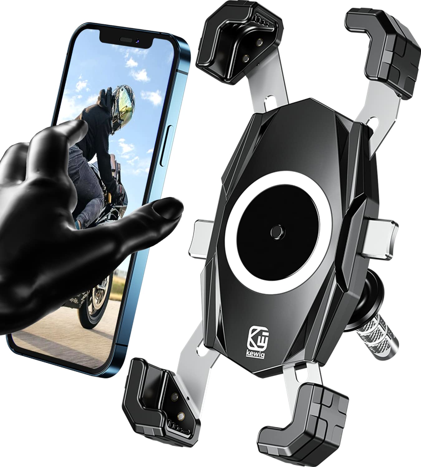Kewig Motorcycle Fork Stem Phone Mount, Motorcycle Phone Mount, 1S One-Push Automatically Lock & Release, Fits for Fork Stem 12-