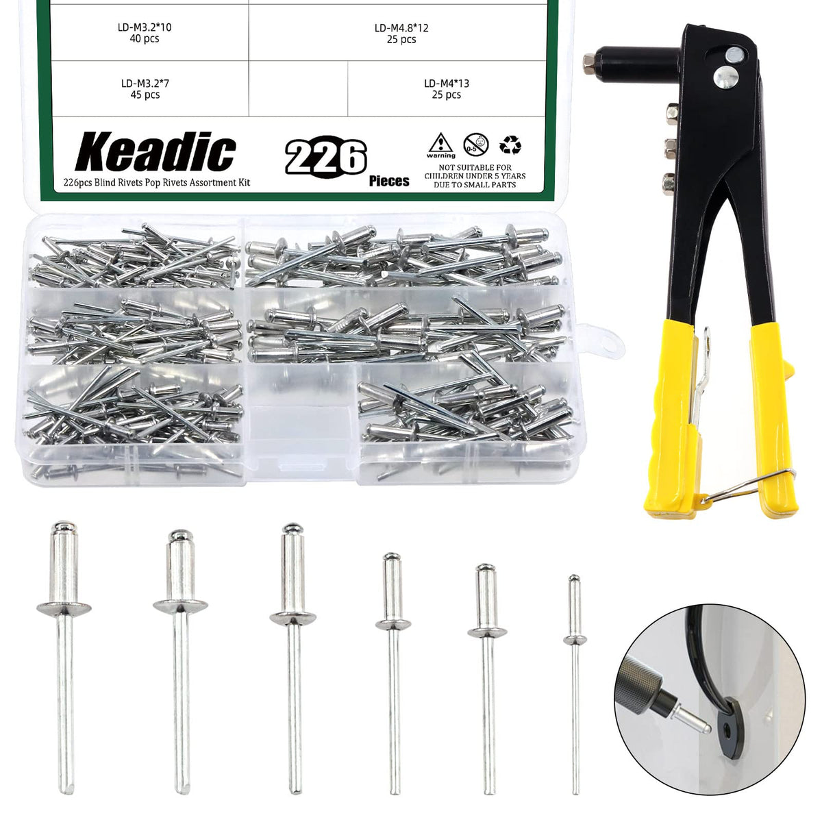 Keadic 226Pcs Heavy Duty Manual Riveter with 6 Sizes Aluminum Blind Rivets Assortment Kit, M2.4 M3.2 M4 M4.8 Silver Tone Pop Riv