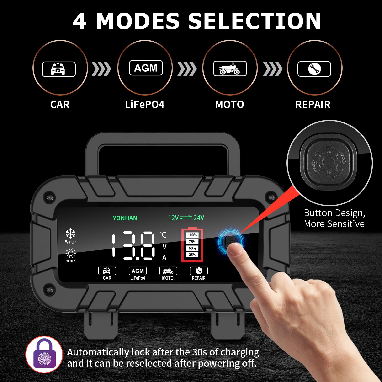 YONHAN Battery Charger 10 Amp, Upgraded 12V/24V LiFePO4 Lead Acid Portable Car Battery Charger w/Large Display Screen, Fully-Aut