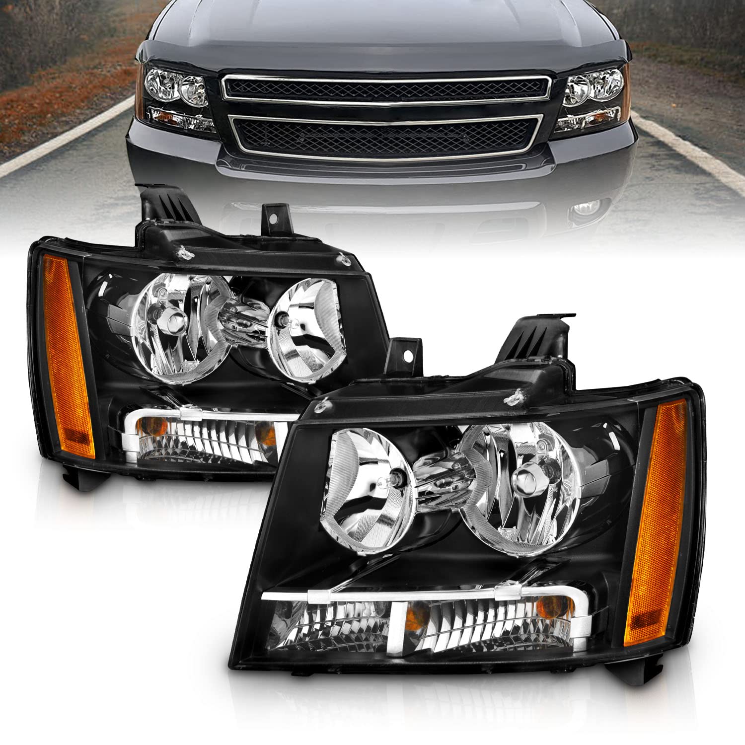 Amerilite Halogen Car Headlight Pair With Bulbs And Harness Replacement For Chevy Tahoe Suburban Avalanche - Driver And Passenger Side, Vehicle Light Assembly, Black Housing