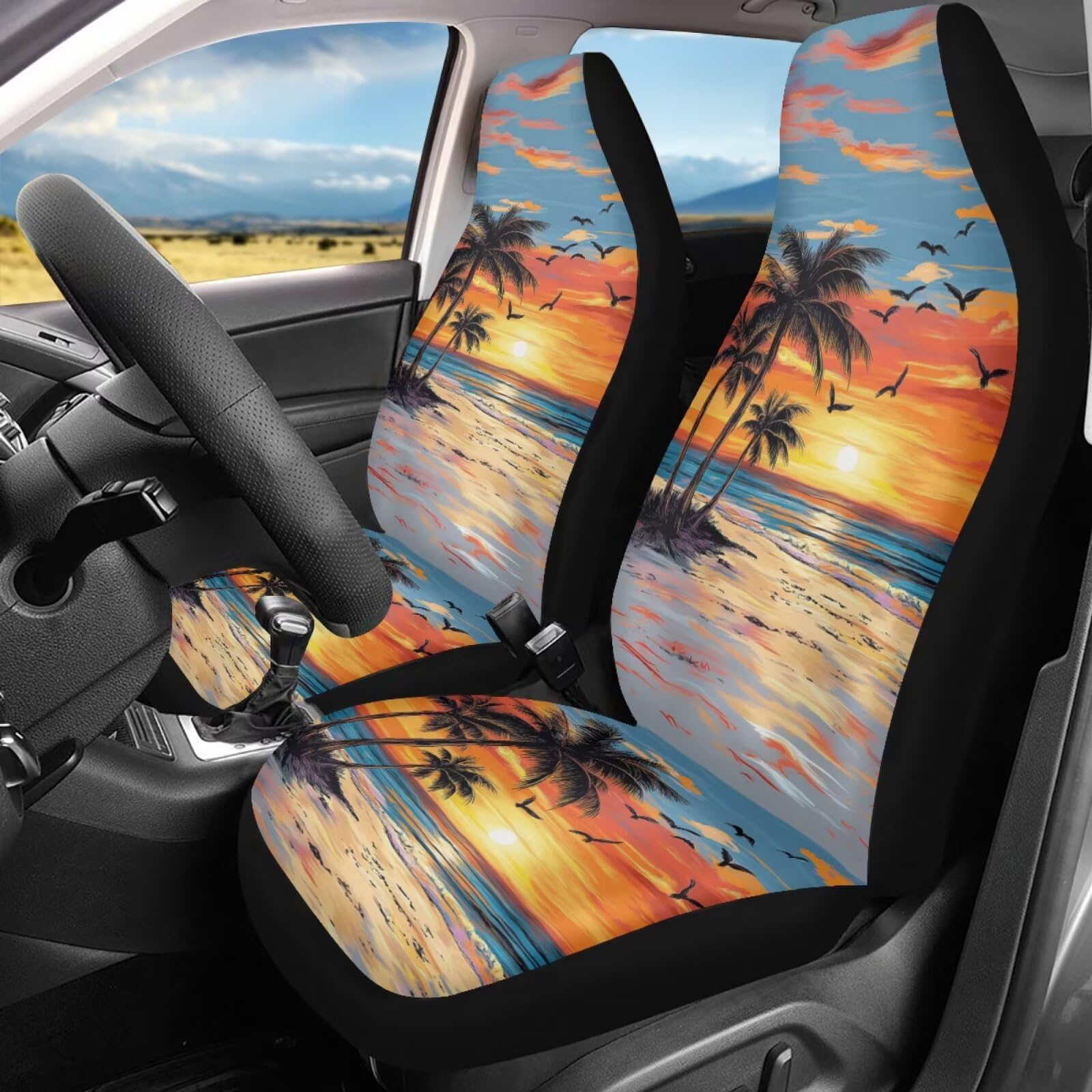 Bigcarjob Hawaii Car Seat Cover Set For Front Seat Only Seat Covers For Car, Dusk Palm Auto Front Seat Protector Full Set Car In