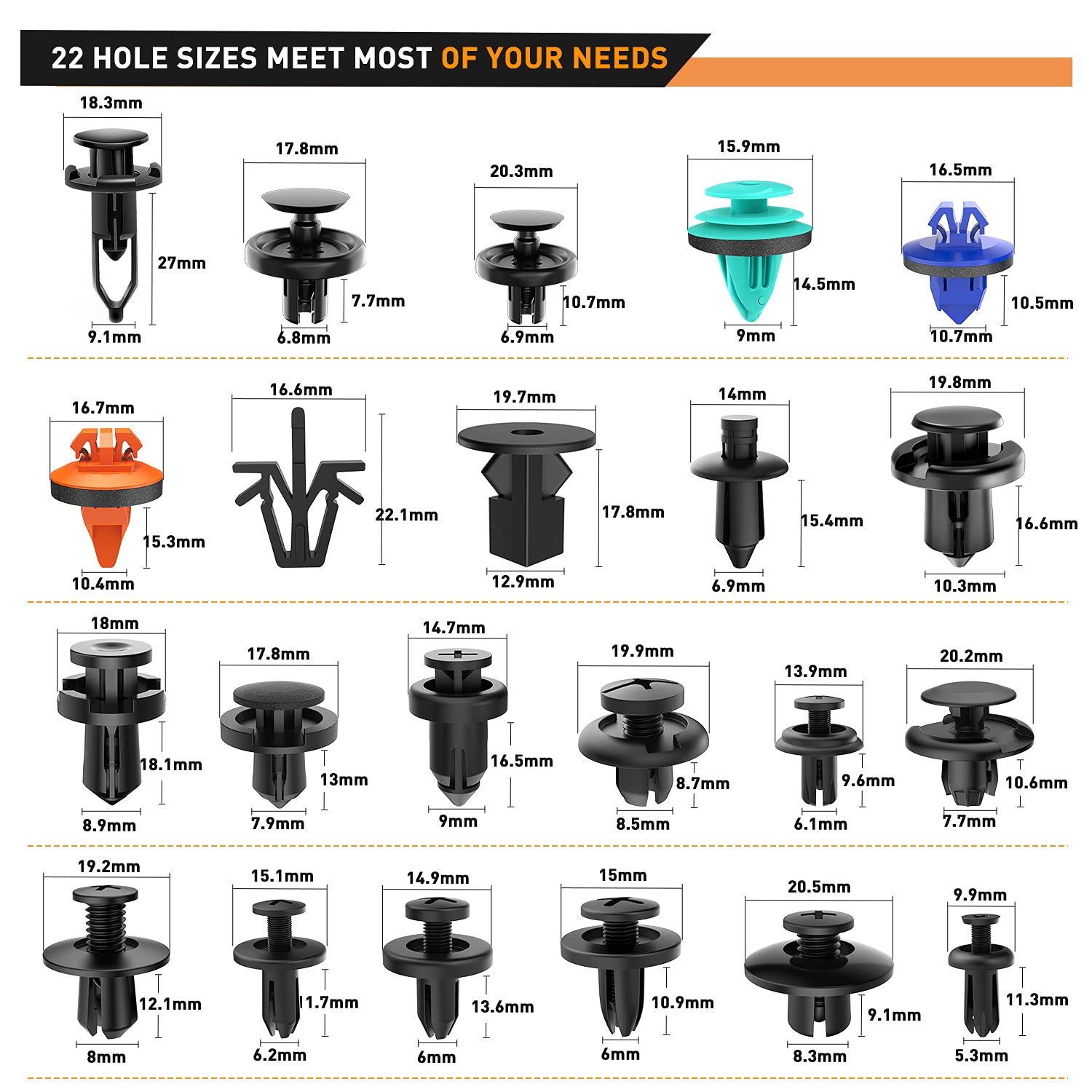 GOOACC 680Pcs Car Push Retainer Clips & Auto Fasteners Assortment -22 Most Popular Sizes Nylon Bumper Fender Rivets with 10 Cabl