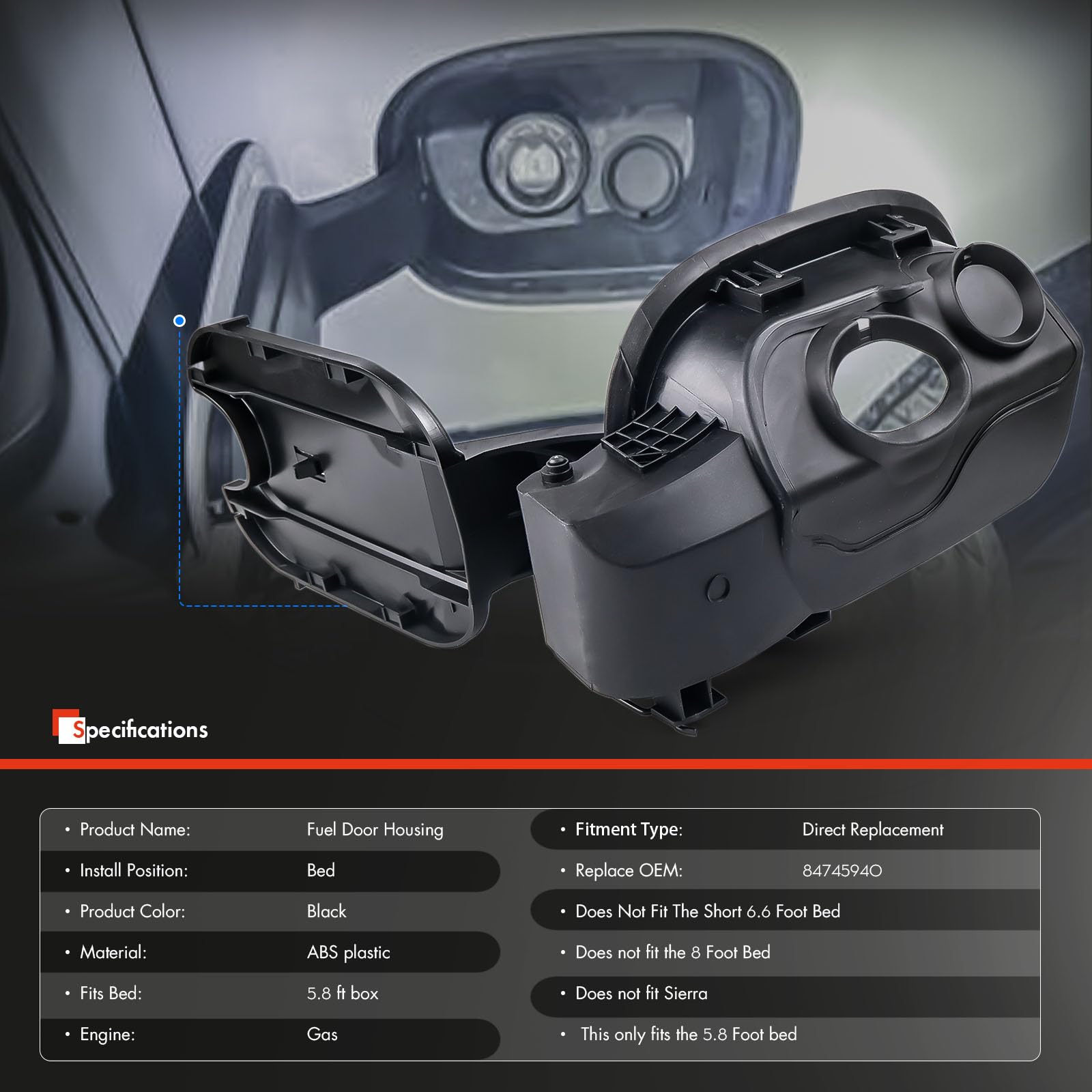 84745940 Fuel Tank Filler Pipe Housing Fit For Chevy Silverado 1500 2019-2024 Only Fit Chevrolet Gas 5'8'' Bed, Gas Cap Fuel Doo