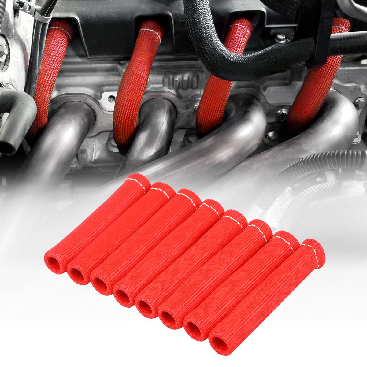 Shinehome 8 Pcs Spark Plug Boot Protector 2500 Spark Plug Heat Sleeve Wire Covers Wrap 6 Inch For Ls1/Ls2 Sbc Bbc 350 454 Spark 