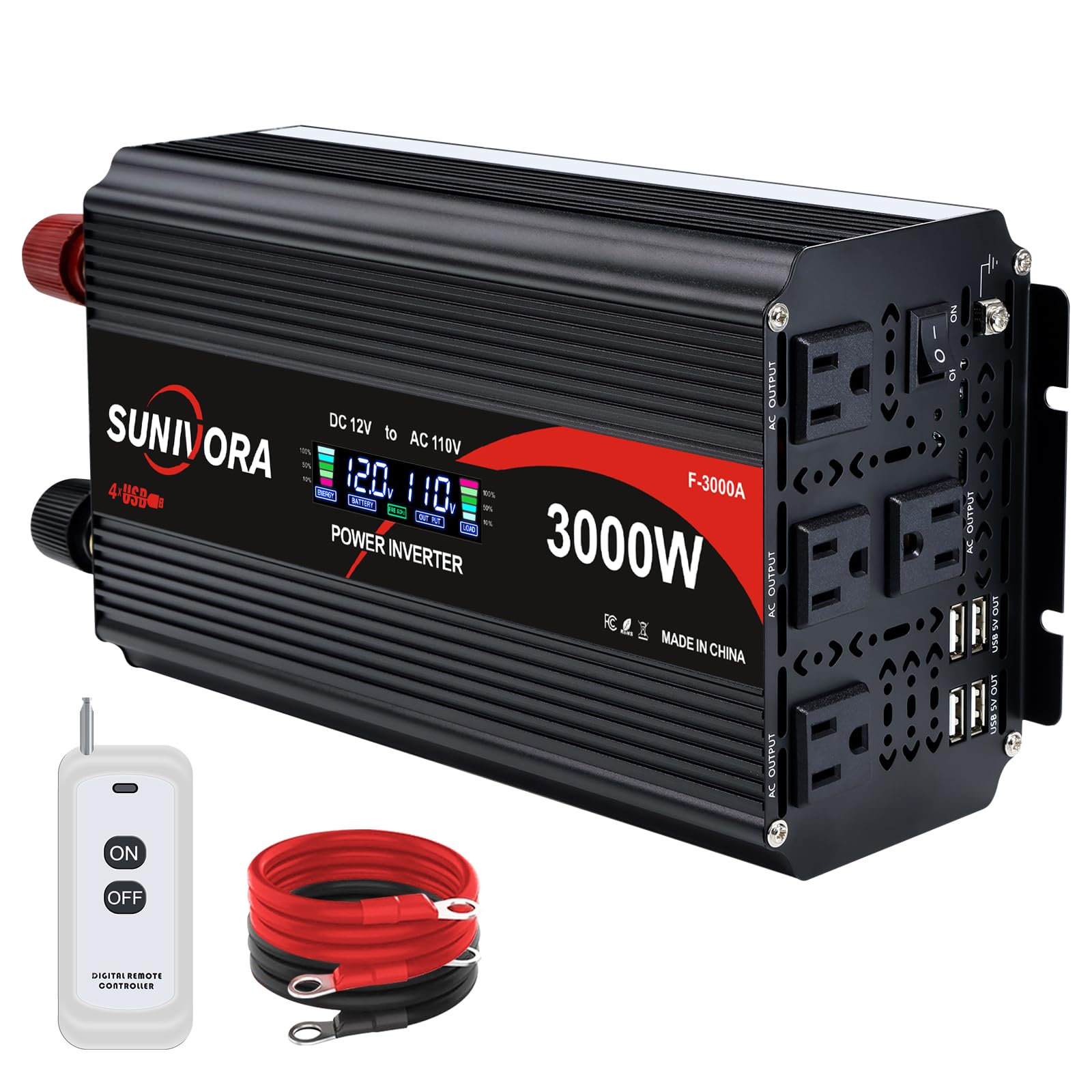 Sunivora 3000 Watt Inverter with LCD & Remote Control 12V DC to 110V/120V AC 60HZ Power Converter 6000W(Peak) with 4 Sockets & 4