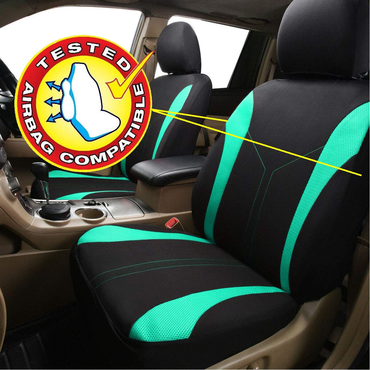 Flying Banner Car Seat Covers 2 Front Seats Mesh Fabric Splicing Polyester Cover Black With Green Color